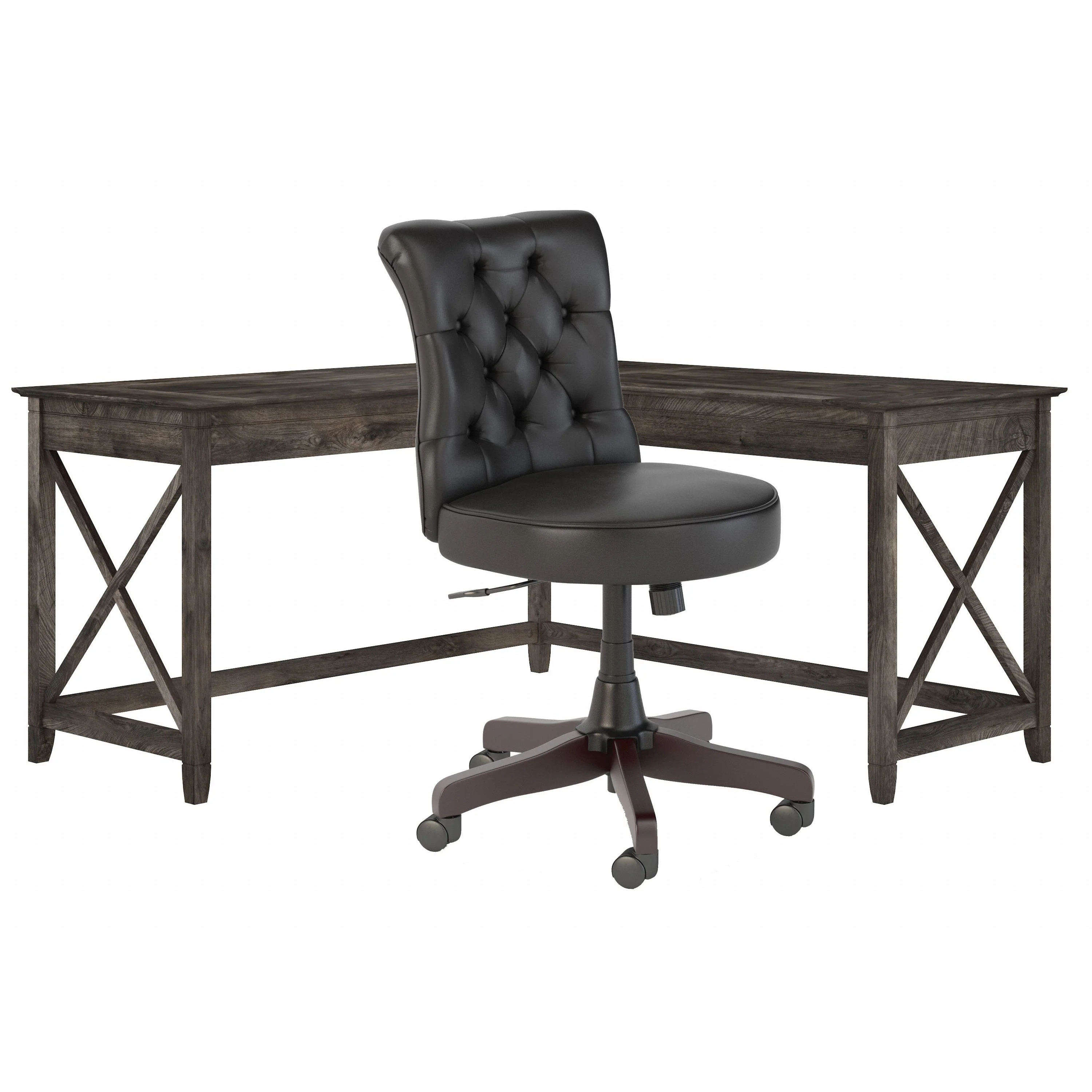 Key West 60W L Shaped Desk with Mid Back Tufted Office Chair