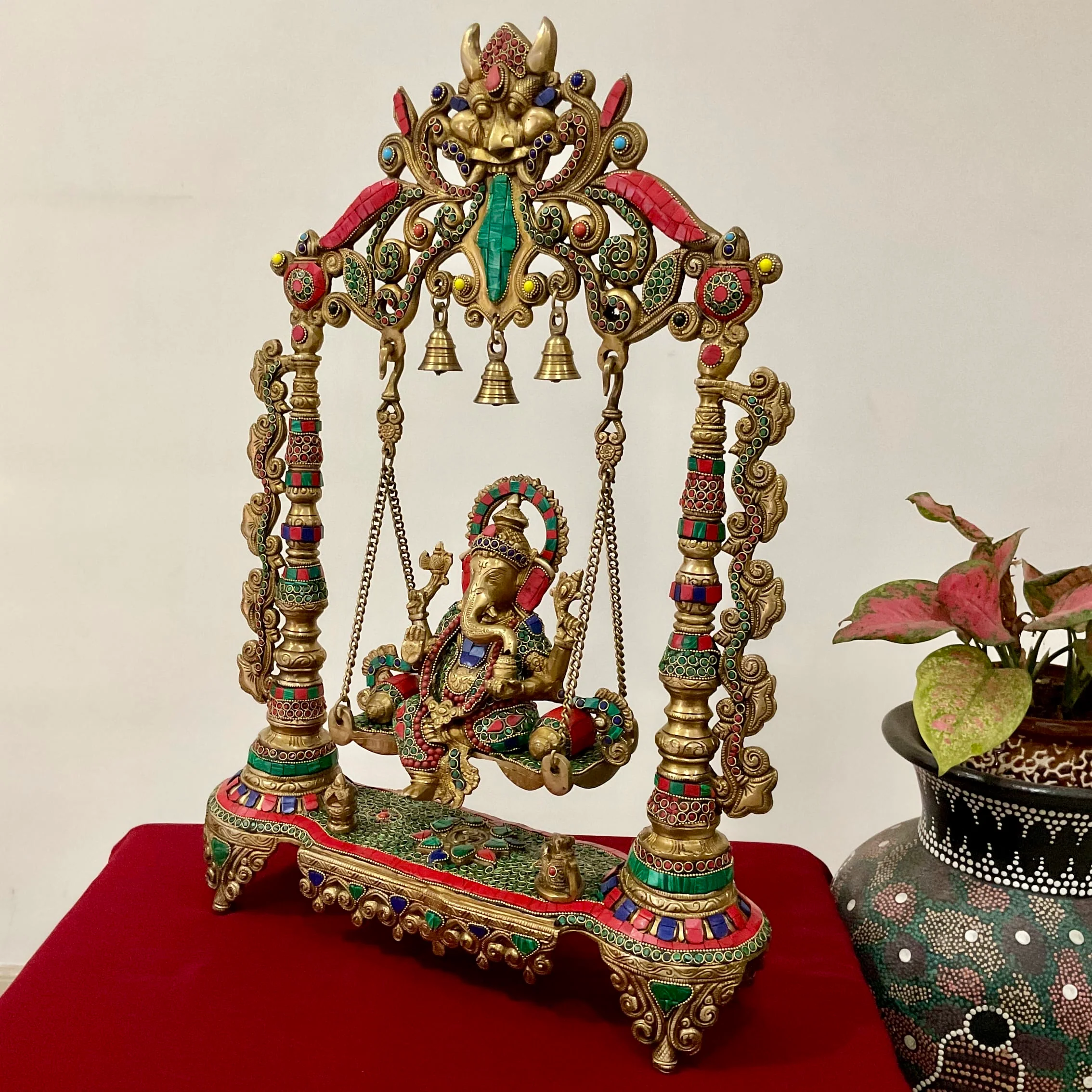26 Inch Lord Ganesh Swing Stonework Brass Idol - Traditional Home Decor