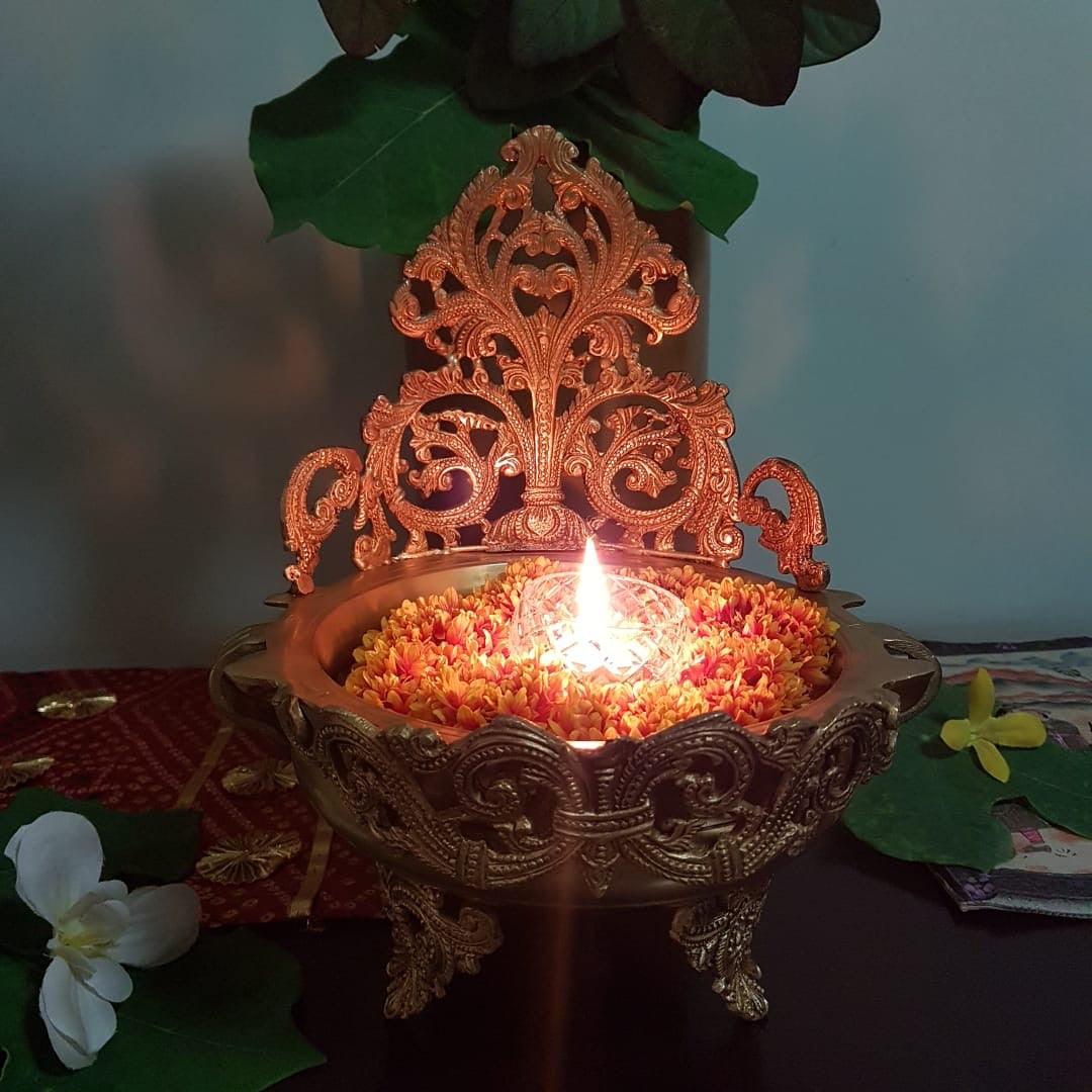 11 Inches Brass Urli Bowl With Stand For Flower Diya Decor