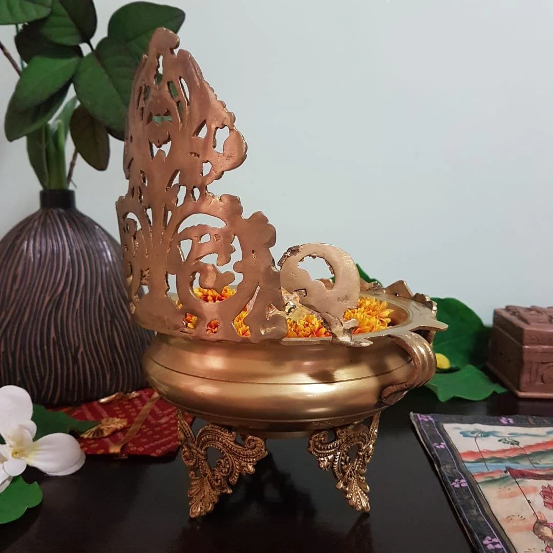 11 Inches Brass Urli Bowl With Stand For Flower Diya Decor