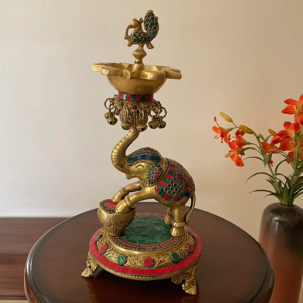 Elephant Brass Stonework Diya Lamp - Antique Finish - Temple Decor - Brass Diya For Pooja