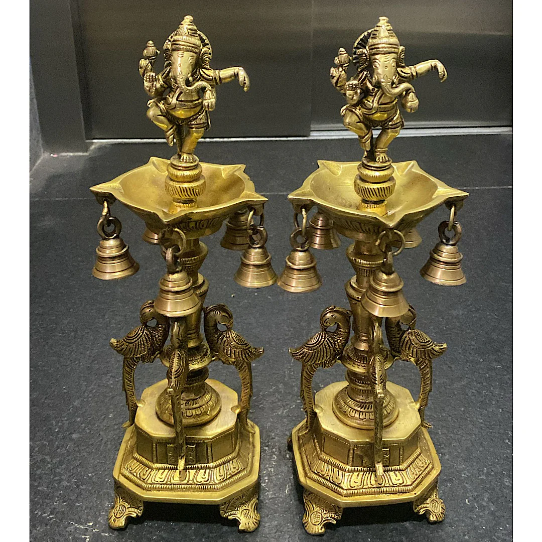 14 Inches Dancing Ganesha Brass Diya Lamp (Set of 2) - Temple Decor - Brass Diya For Pooja