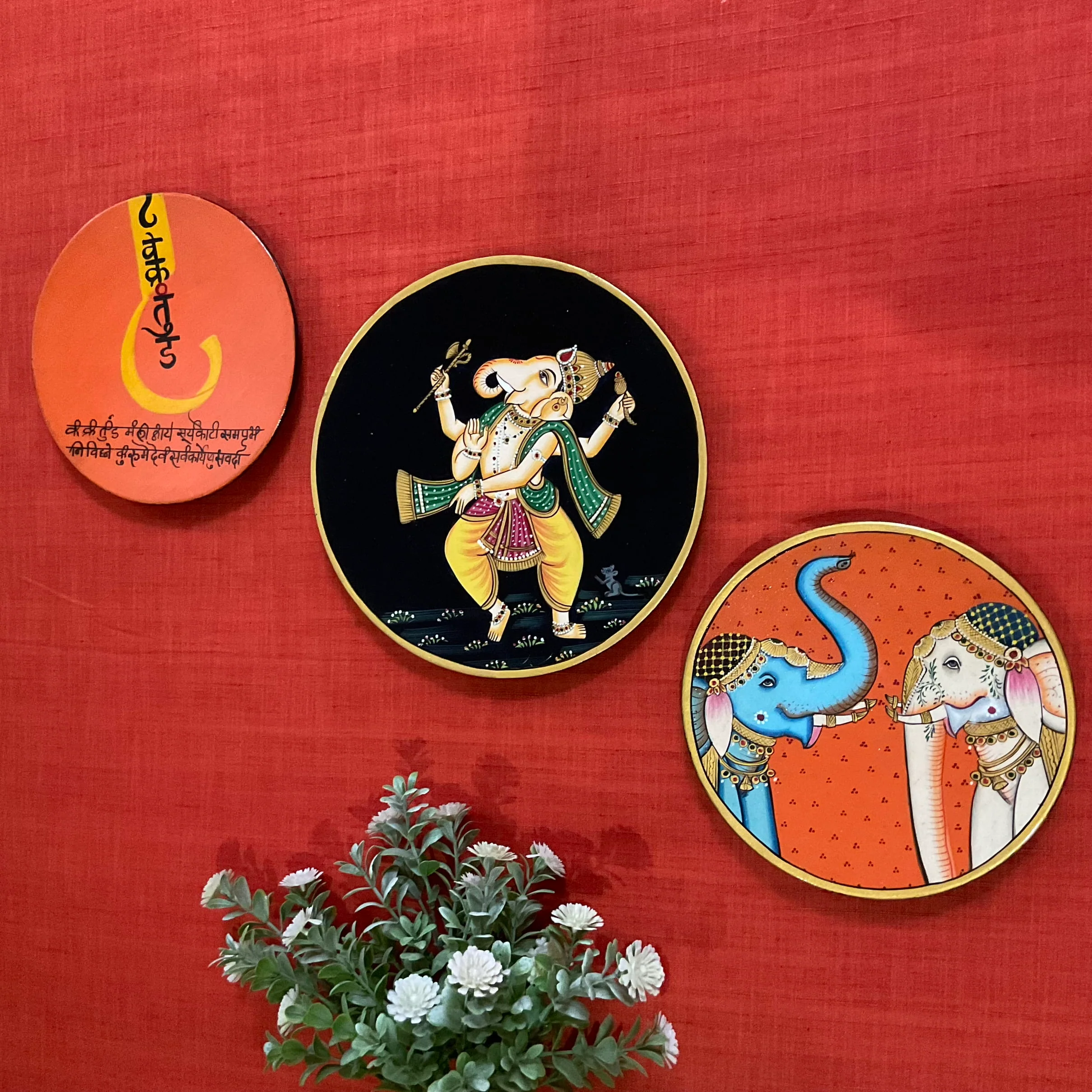 Ganpati Elephant Pichwai Wall Hanging - Decorative Round Plate