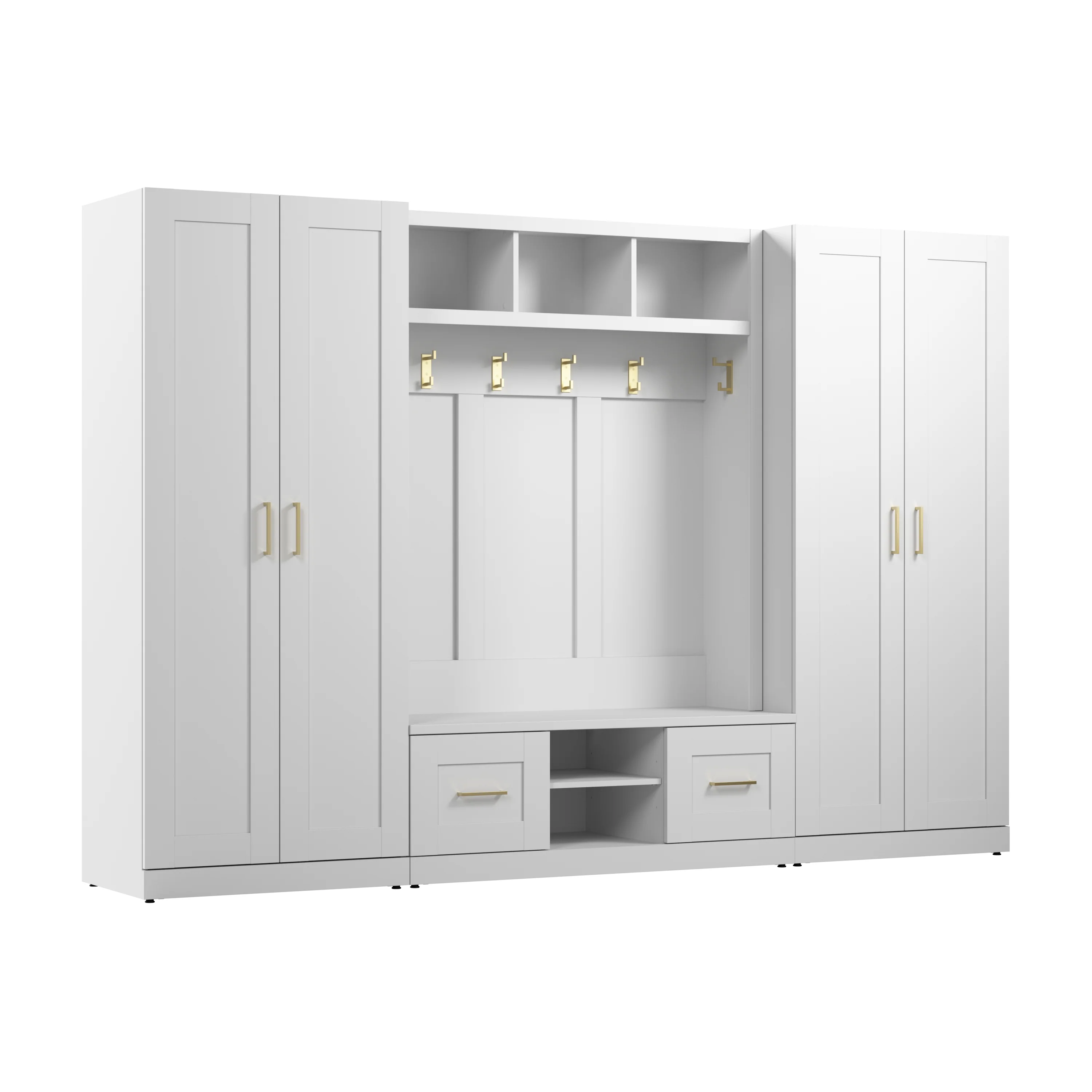 Hampton Heights Full Entryway Storage Set with Hall Tree, Shoe Bench with Doors and Cabinets