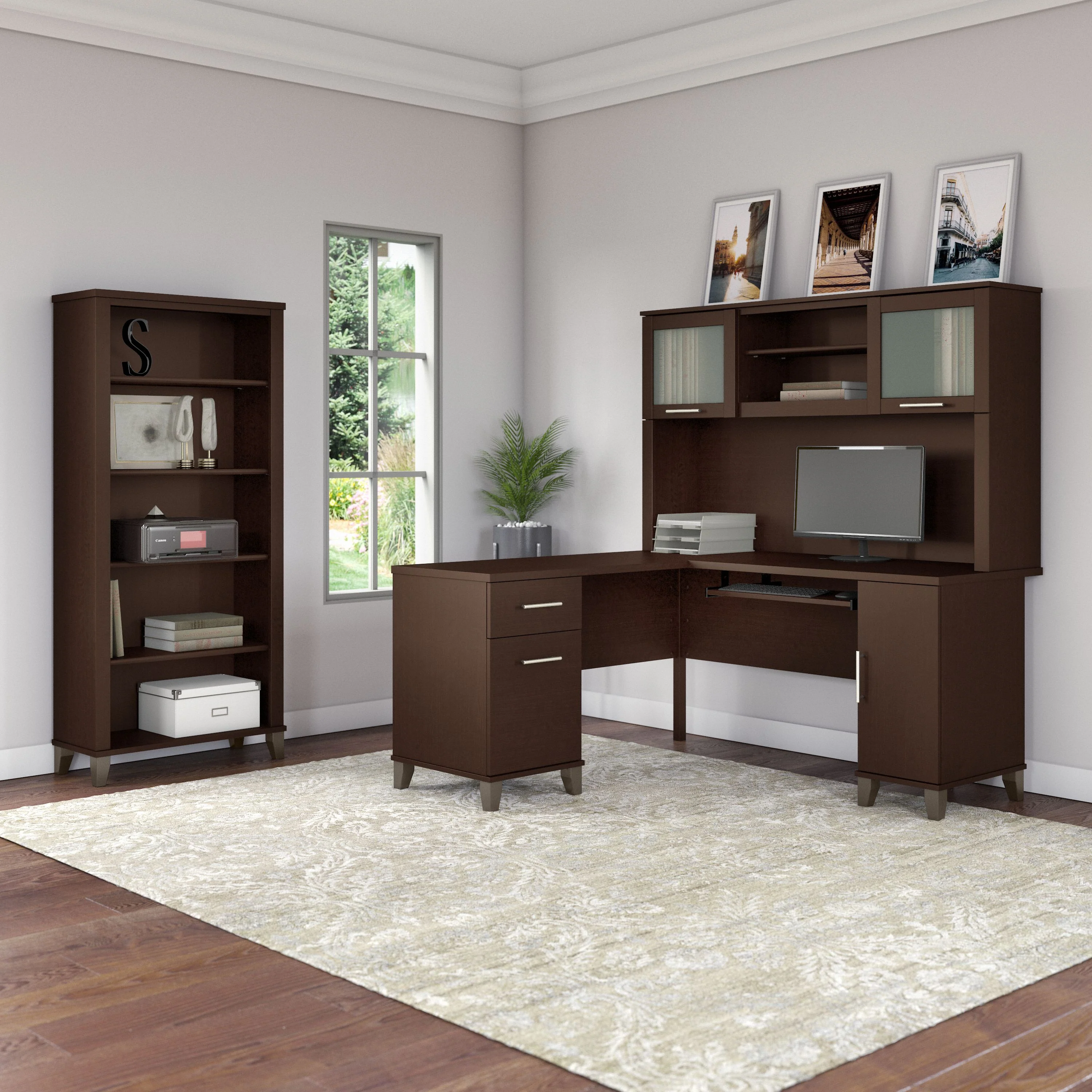 Somerset 60W L Shaped Desk with Hutch and 5 Shelf Bookcase
