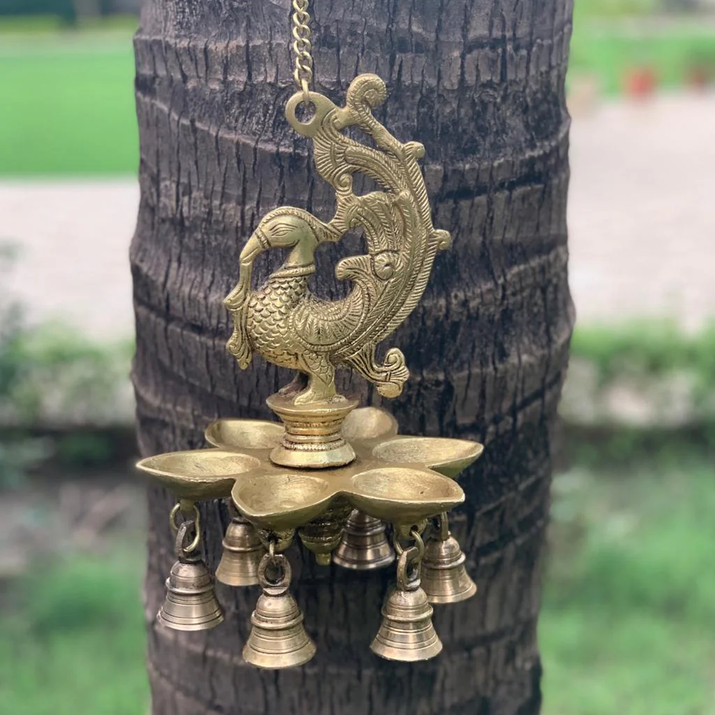 Peacock Hanging Diya Bell - Brass Wall Hanging - Traditional Home Decor