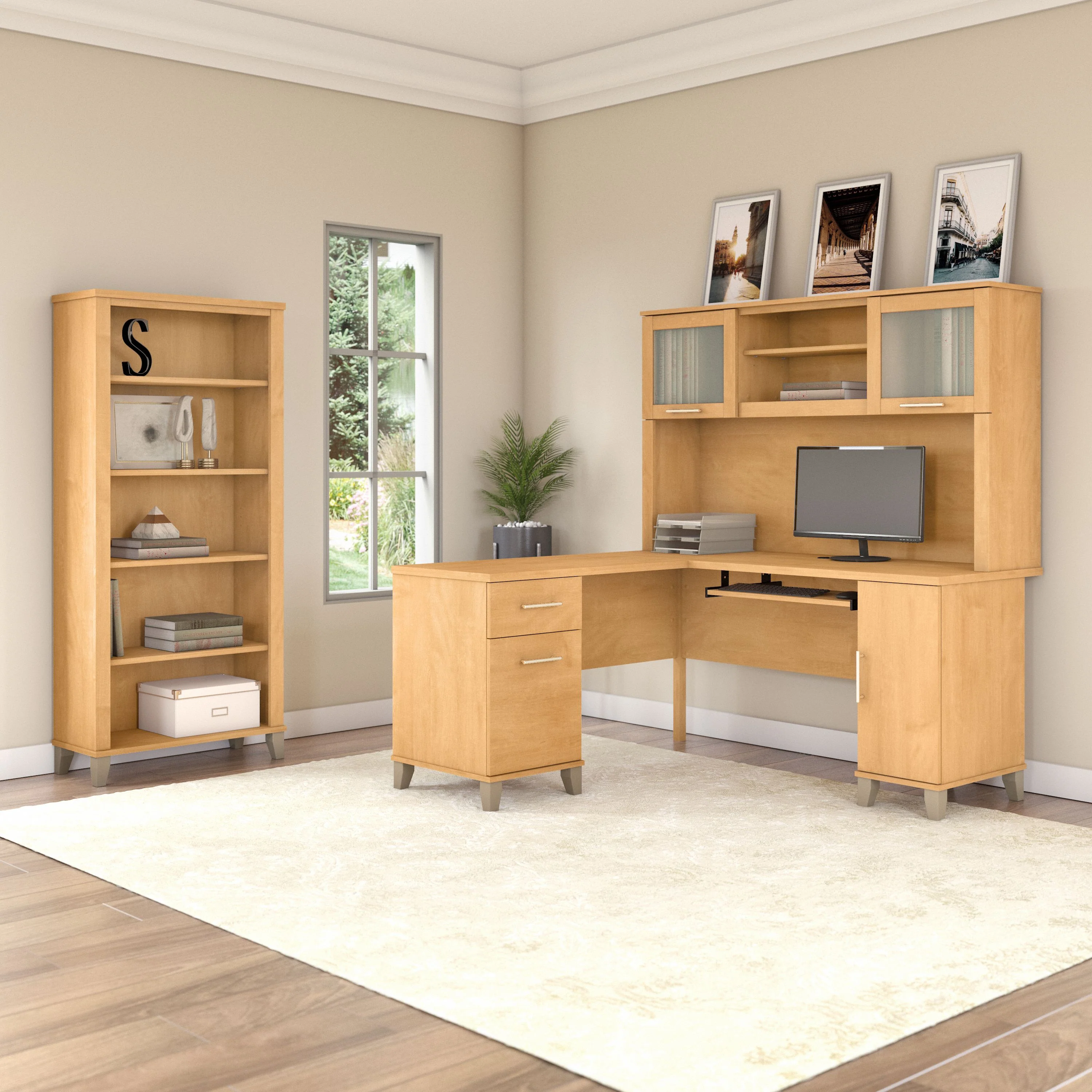 Somerset 60W L Shaped Desk with Hutch and 5 Shelf Bookcase