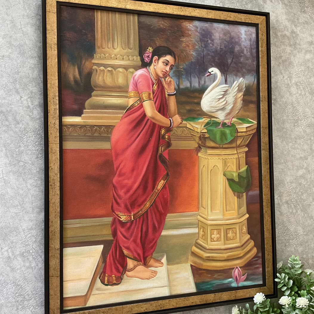 Hansa Damayanti Handmade Oil Painting - Raja Ravi Varma Painting Recreation - Wall Decor