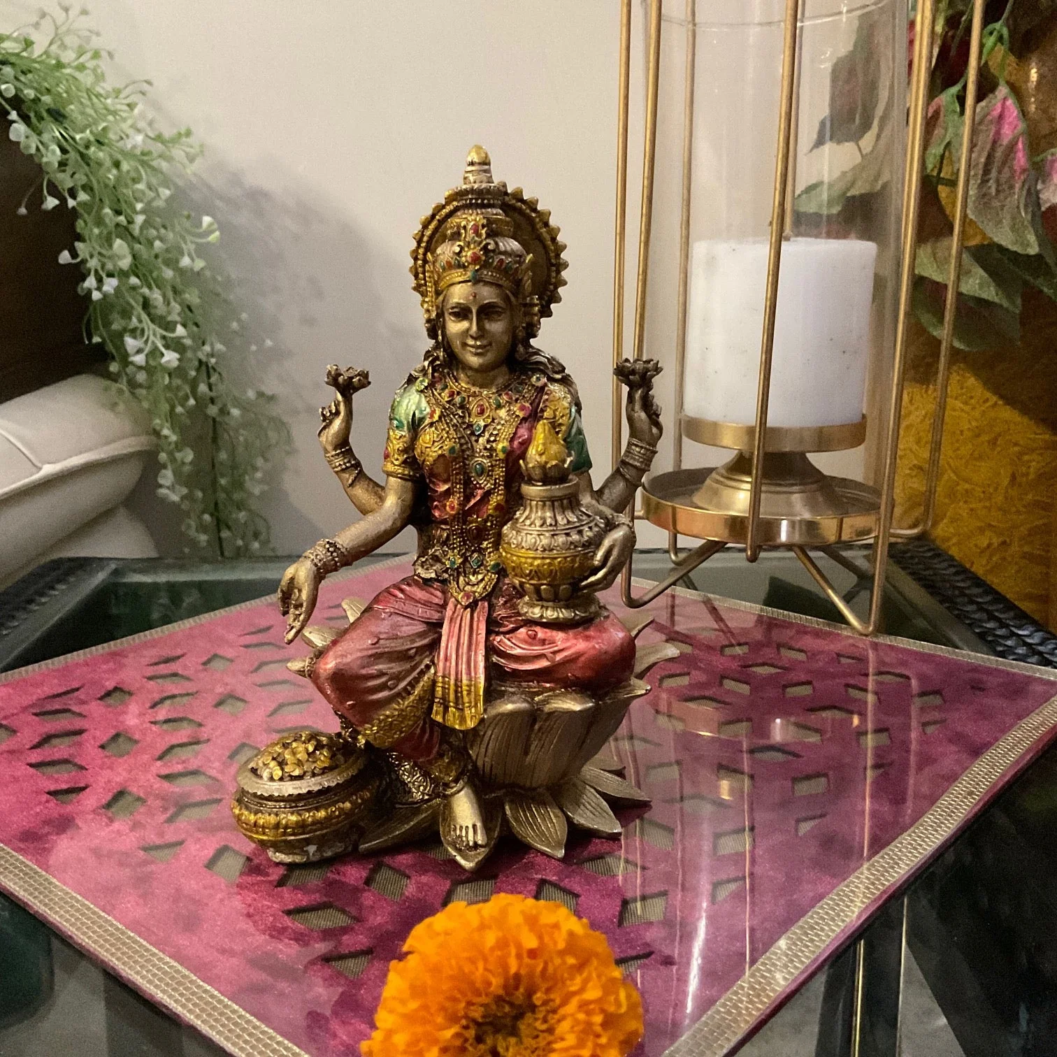 7 Inches Goddess Lakshmi Statue, Copper finish Marble Dust Idol