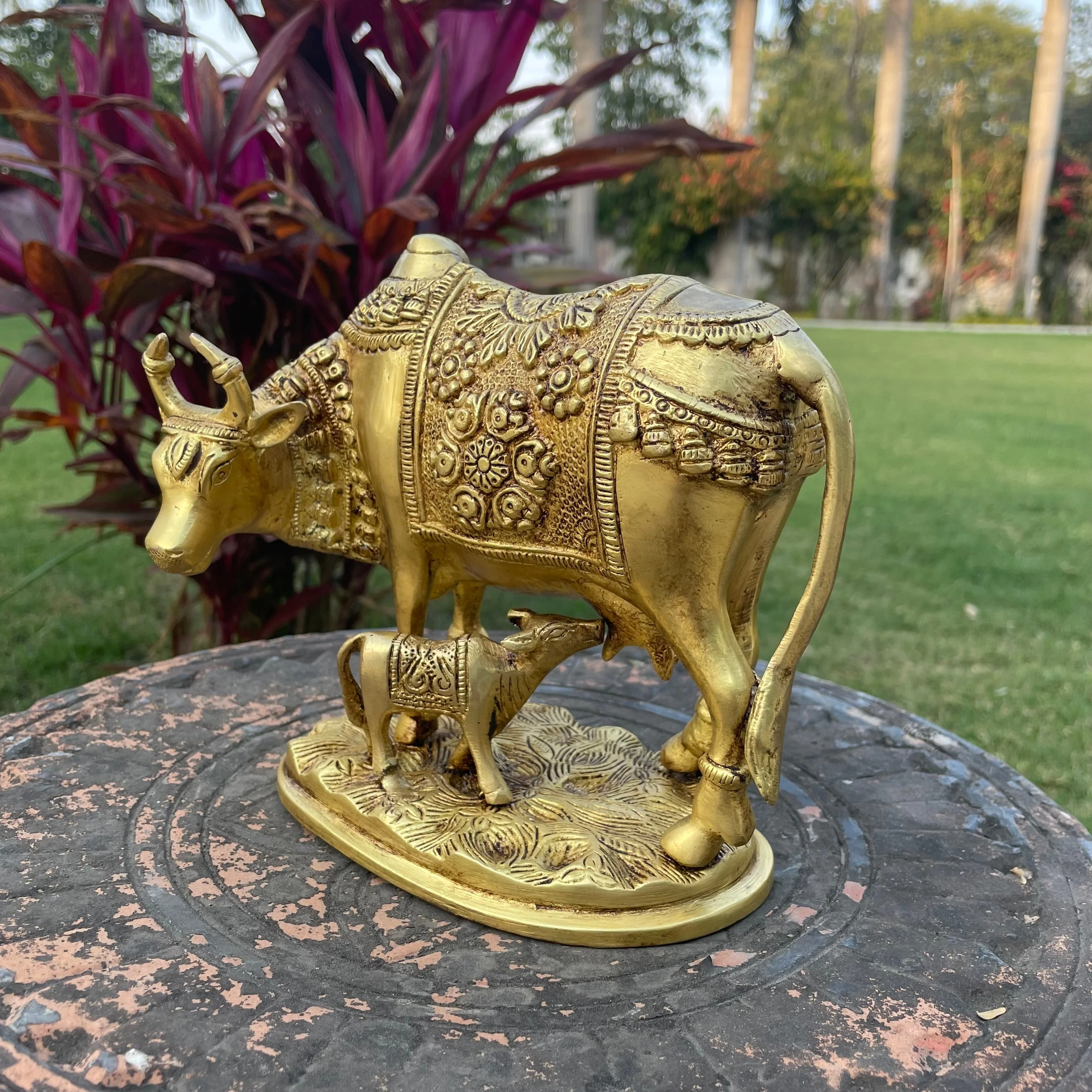 8 Inches Cow and Calf Set - Handmade Brass Statue -  Decorative Figurine