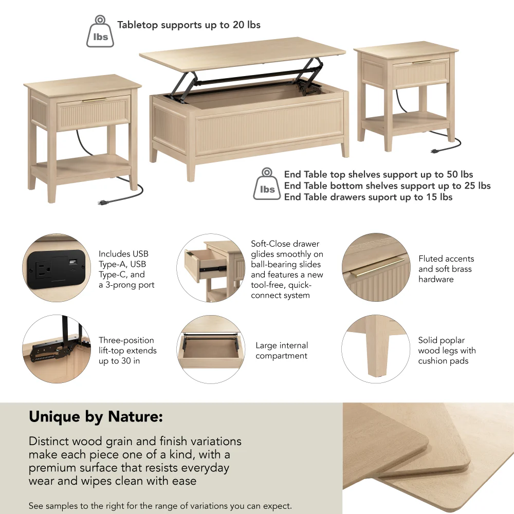 Bush Home Camille Fluted Lift Top Coffee Table and End Tables Set