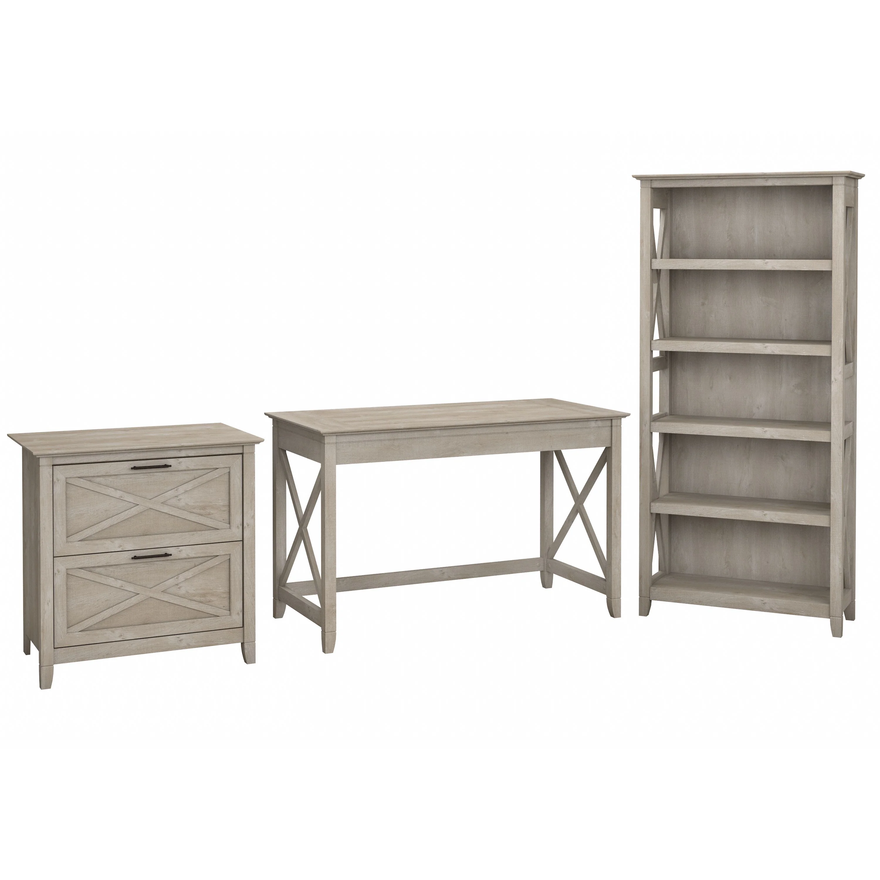 Key West 48W Writing Desk with 2 Drawer Lateral File Cabinet and 5 Shelf Bookcase