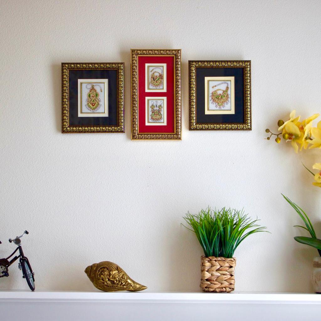 Handcrafted Jewelry Painting (Set of 3) - Wall Decor - 22K Gold Leaf Meenakari Marble Art