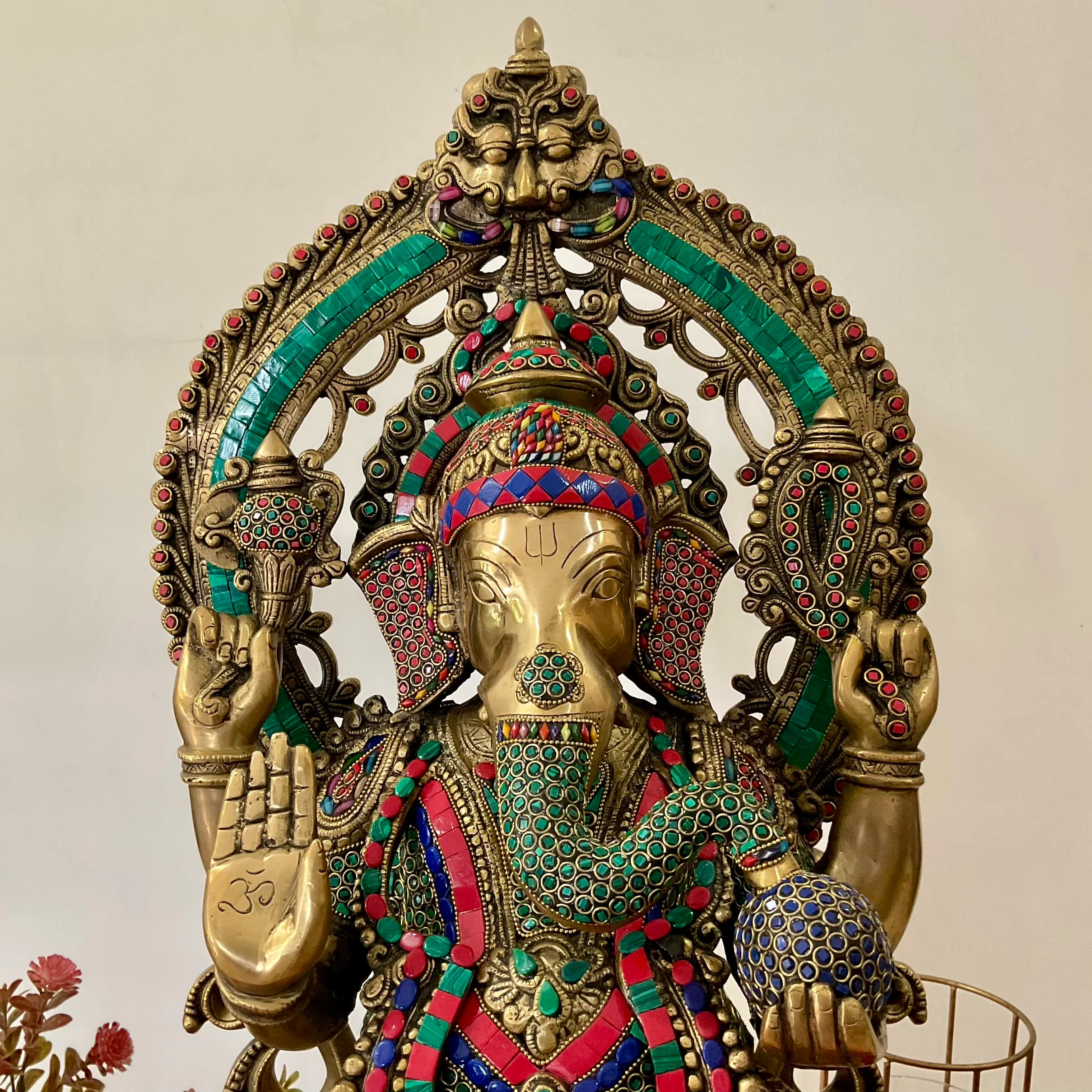 27 Inch Lord Ganesh Idol With Prabhavali - Brass Stonework Statue