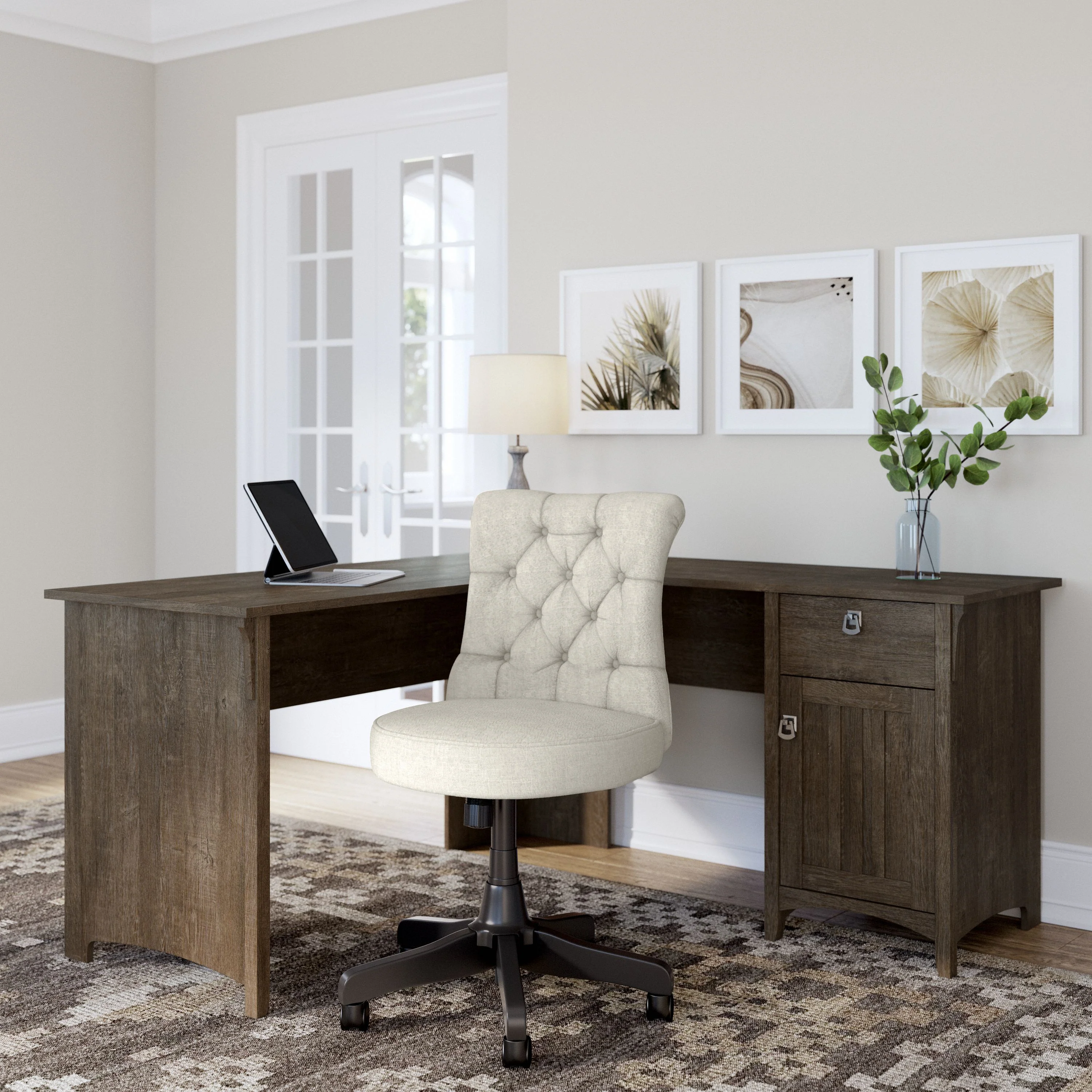 Salinas 60W L Shaped Desk with Mid Back Tufted Office Chair