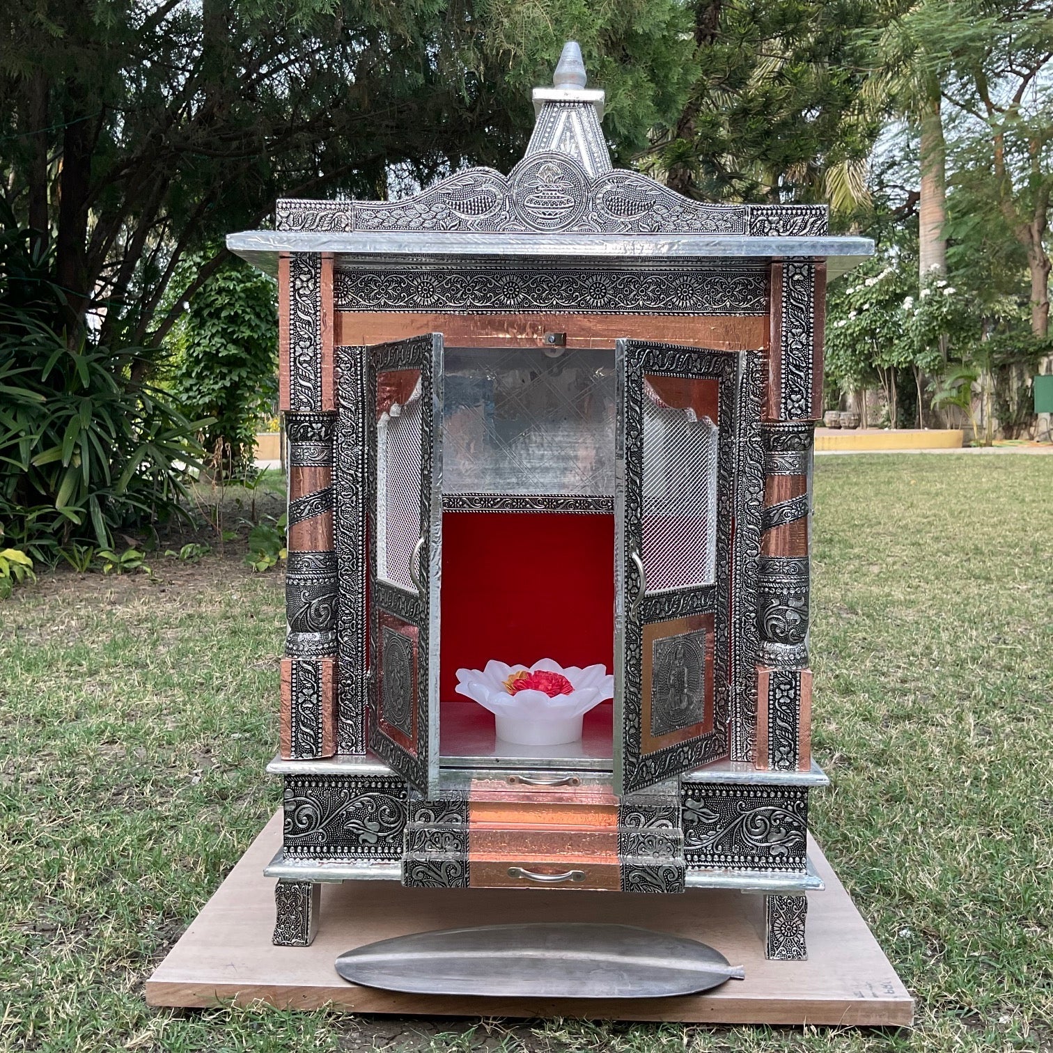 19 Inches Wooden Temple (Mandir) - Silver Oxidising