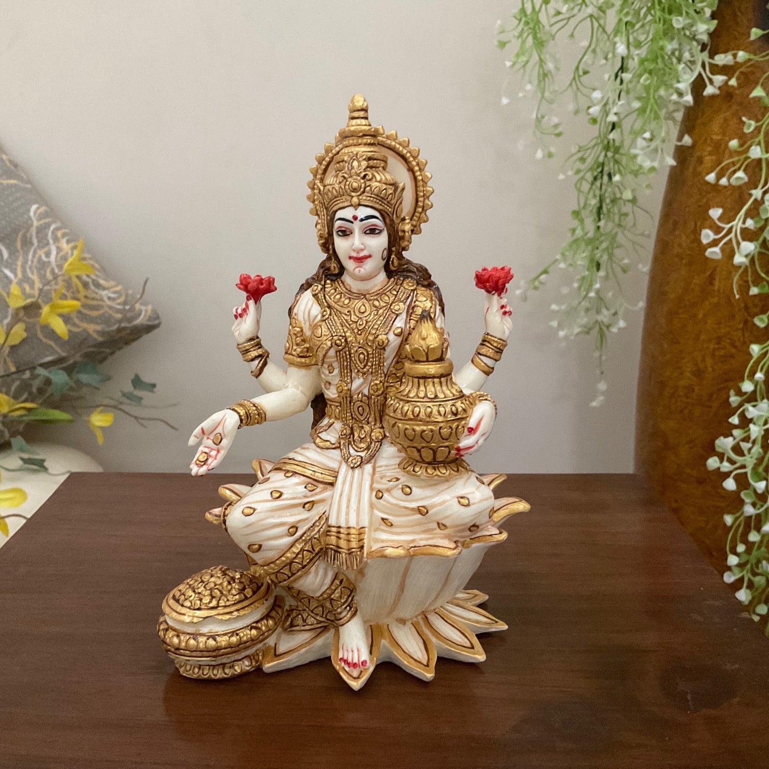 7 Inches Goddess Lakshmi Marble Dust & Resin Idol -  Laxmi Statue Figurine