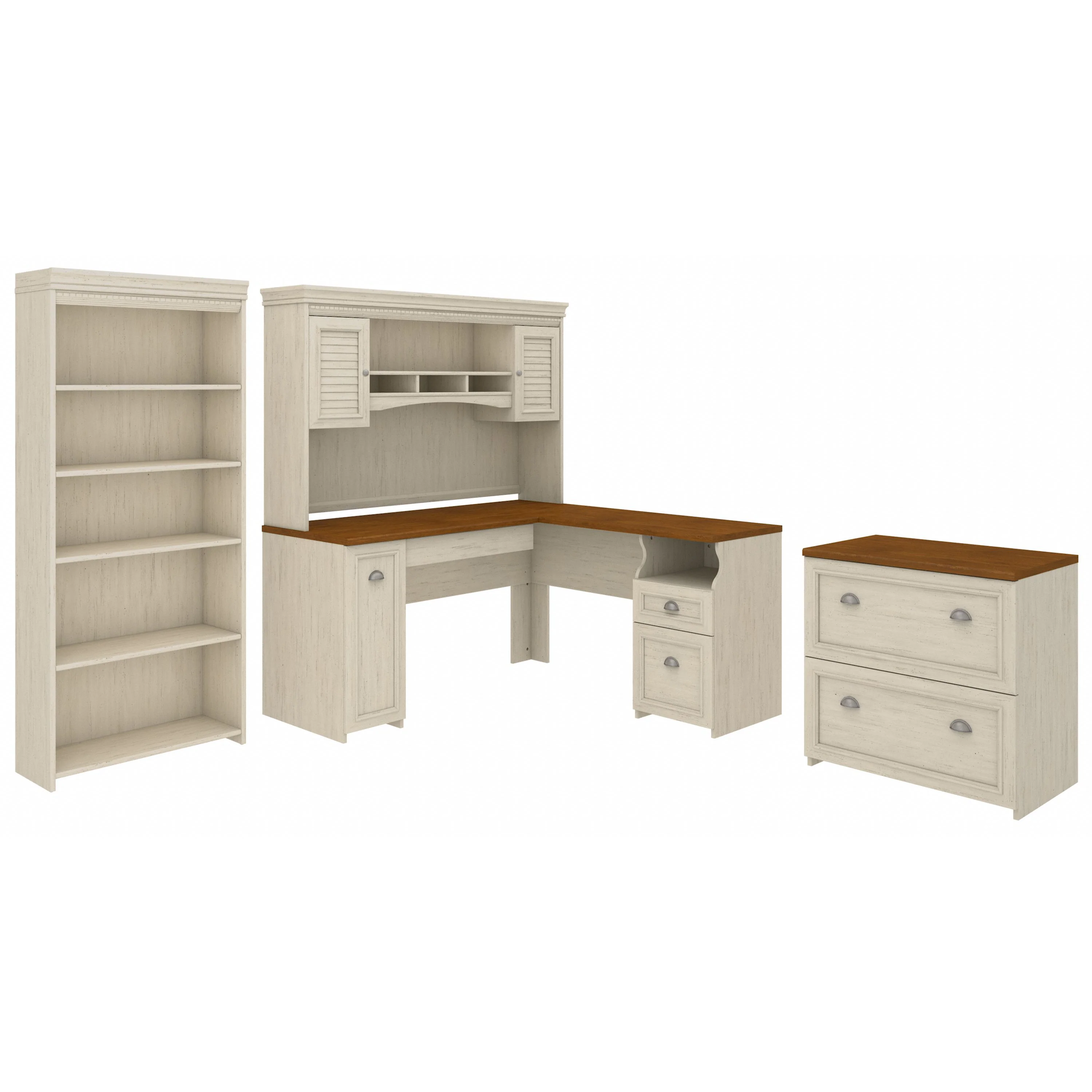 Fairview 60W L Shaped Desk with Hutch, Lateral File Cabinet and 5 Shelf Bookcase