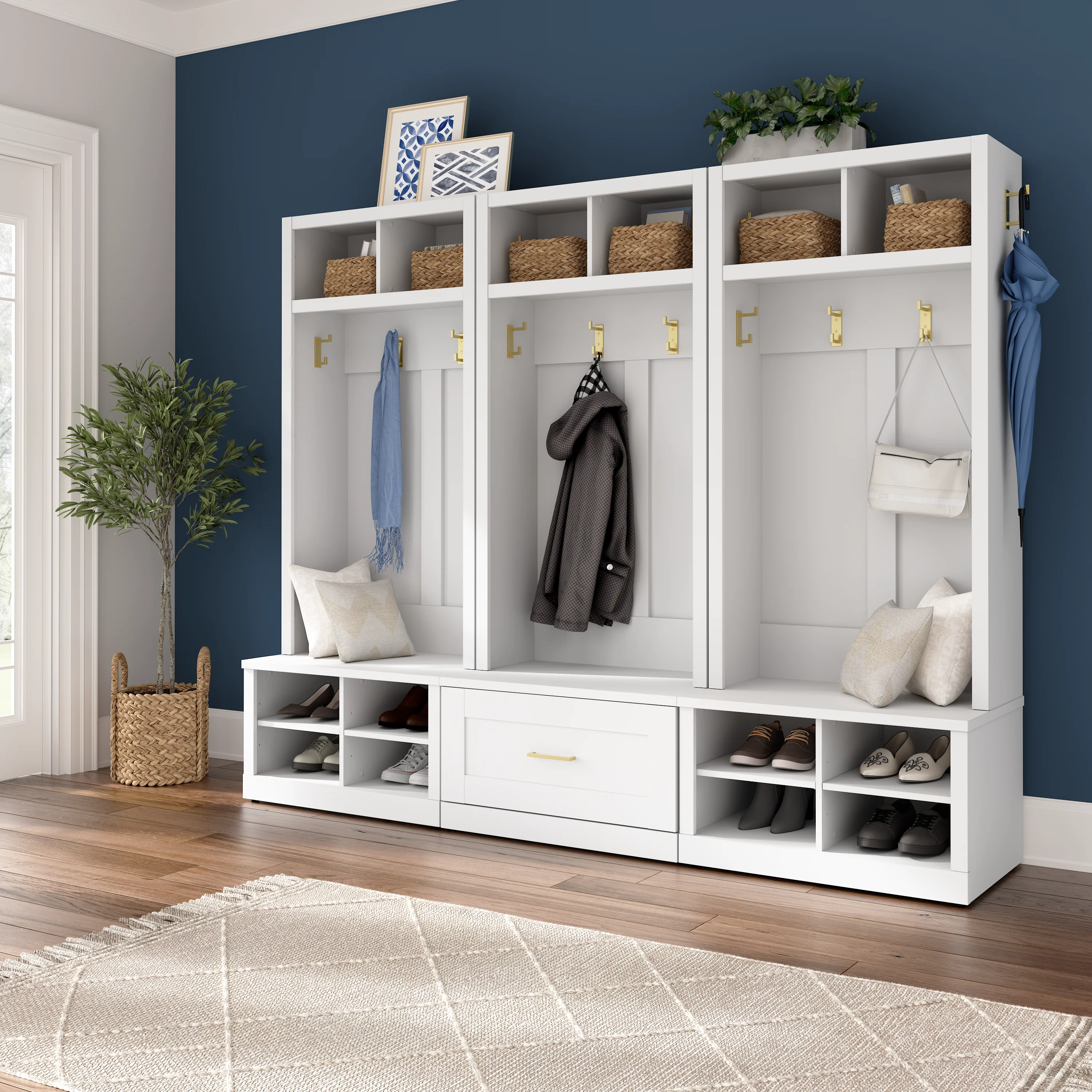 Hampton Heights Full Entryway Storage Set with Hall Trees and Shoe Benches with Drawers
