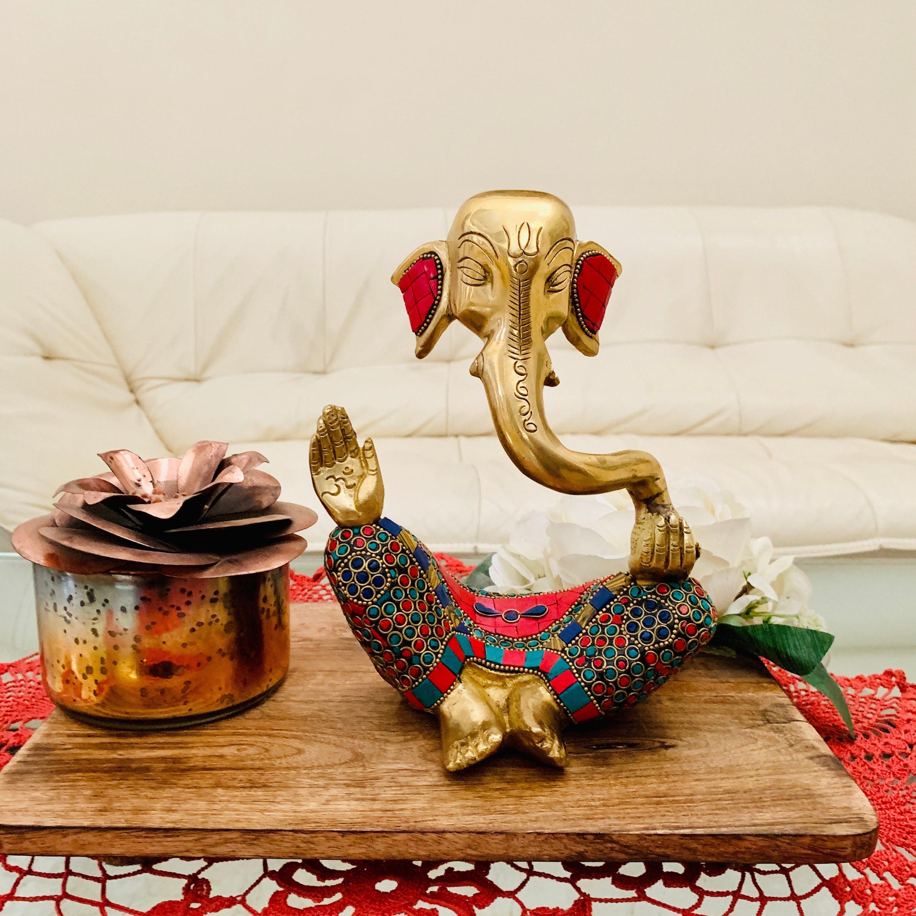 Lord Ganesh Brass Idol - Designer Handcrafted Turquoise Inlay - Decorative Figurine