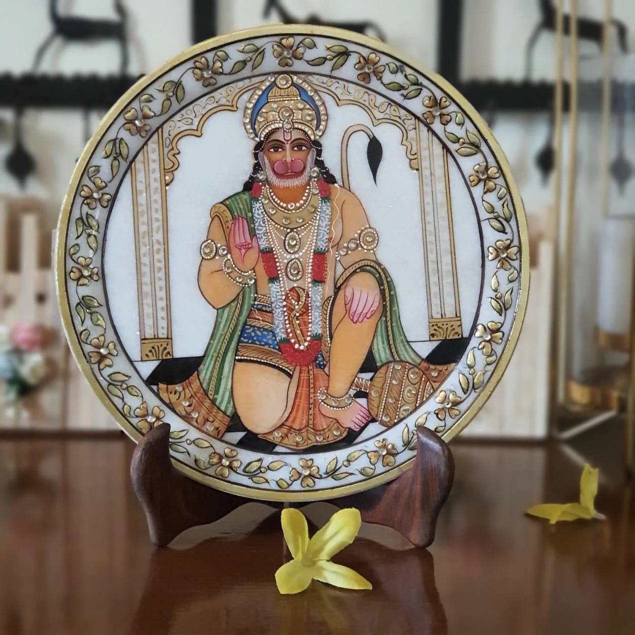 Lord Hanuman Gold leaf 9 Inches Marble Round Jew Plate - Home Decor, Table Decor - Spiritual