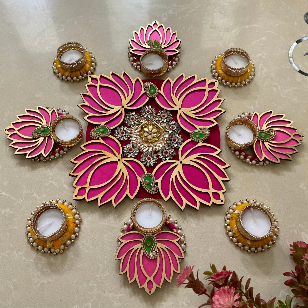 Lotus & Tea light Decorative Rangoli - Festive Diwali Decor