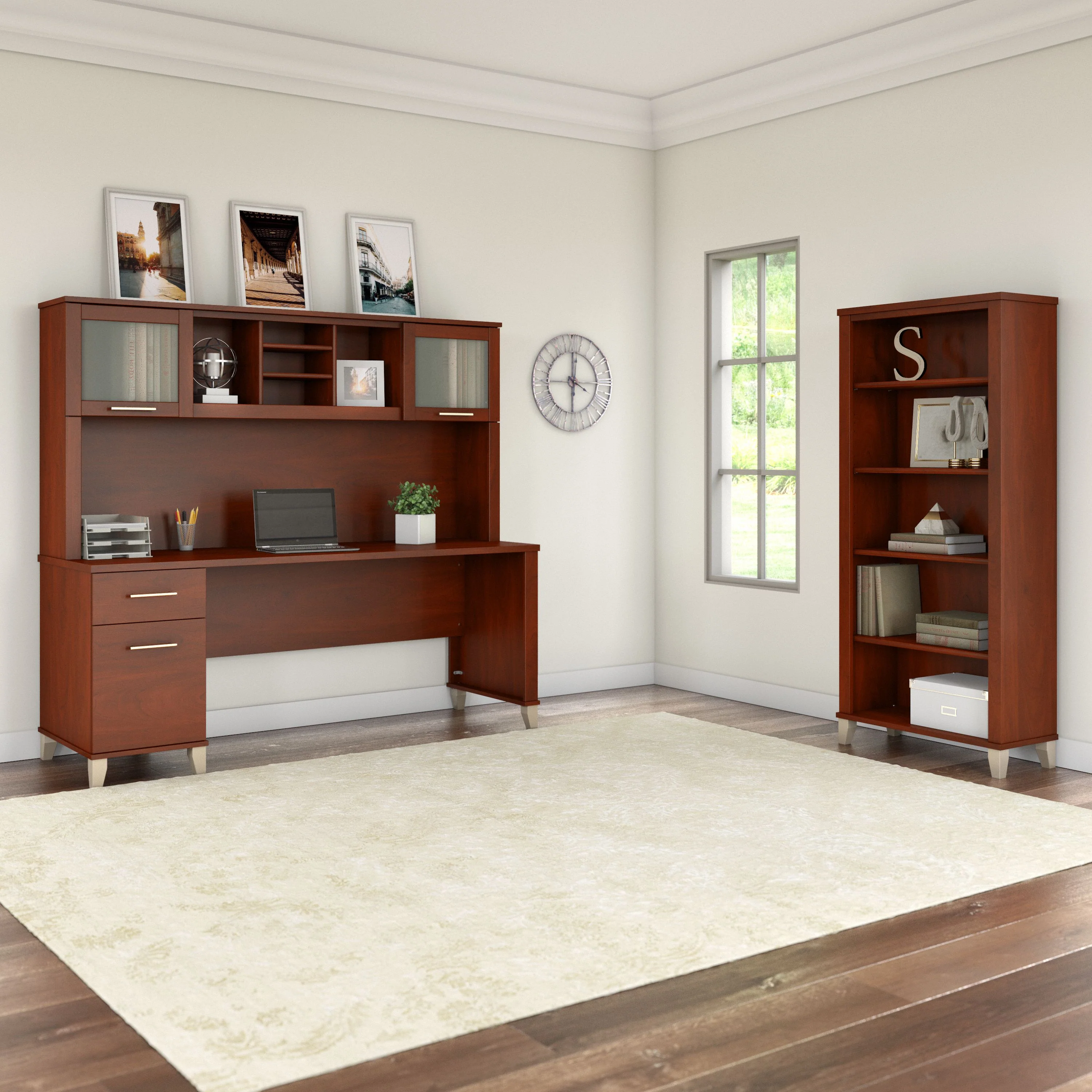 Somerset 72W Office Desk with Hutch and 5 Shelf Bookcase