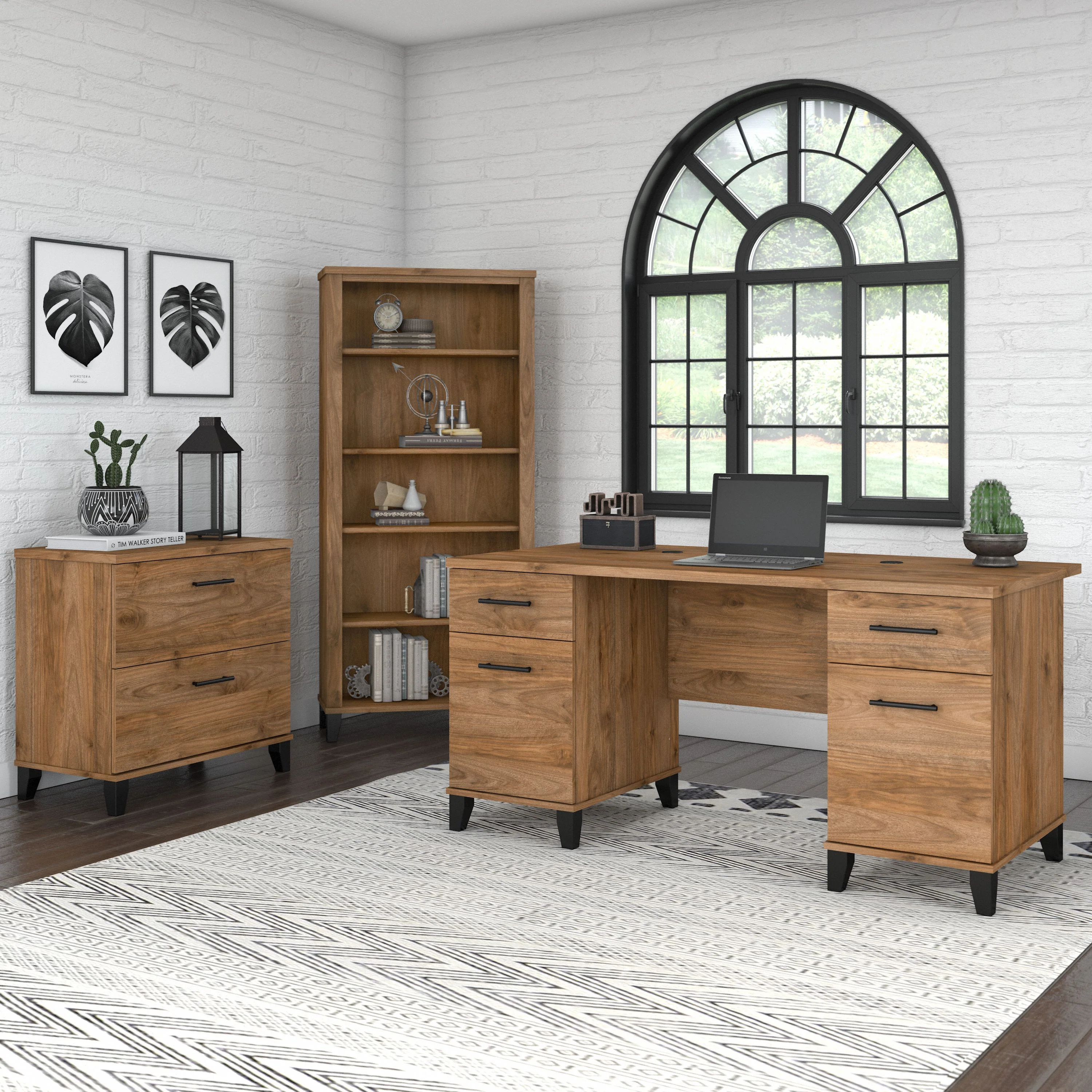 Somerset 60W Office Desk with Lateral File Cabinet and 5 Shelf Bookcase
