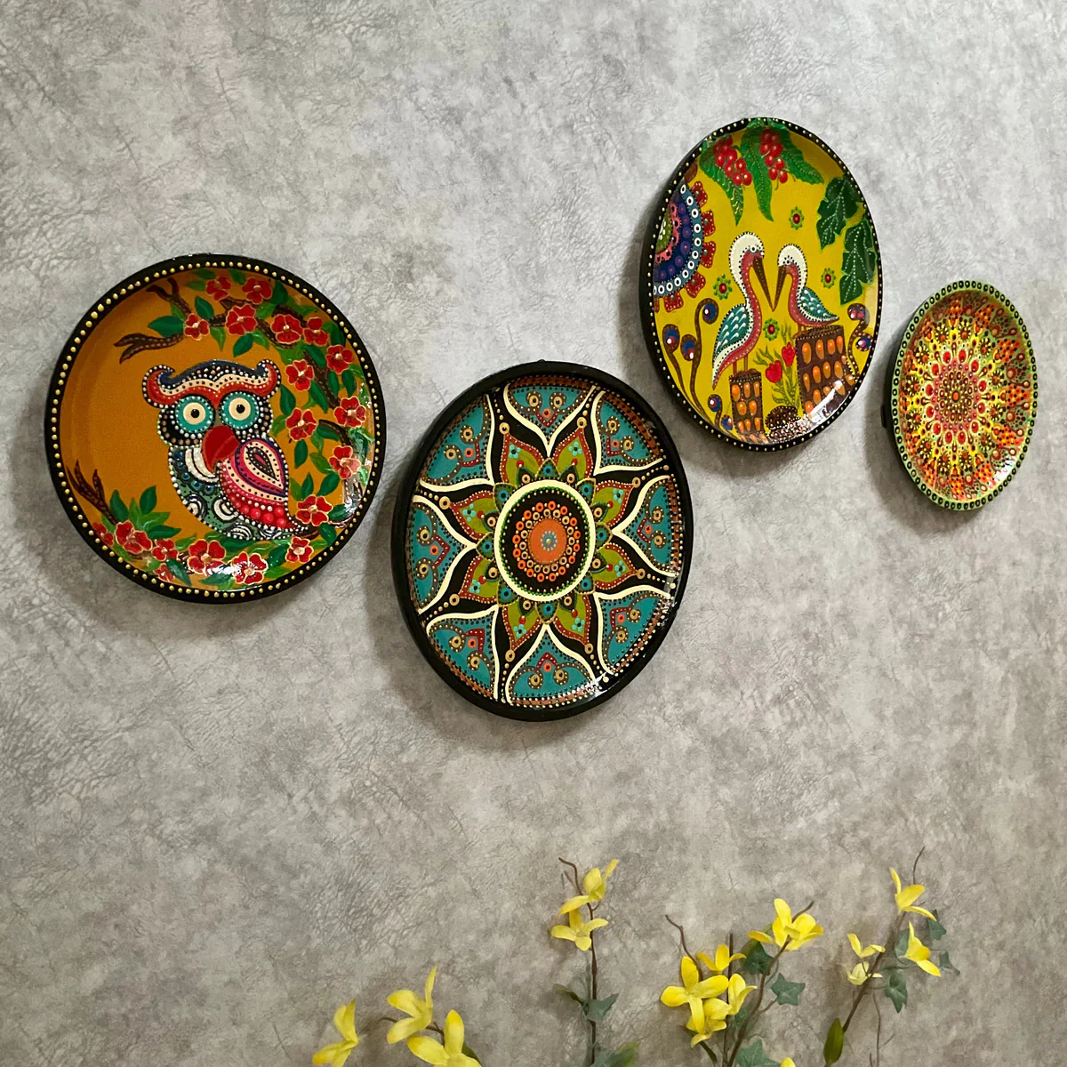Mandala & Bird Colourful Handmade Dot Painting Wall Decor - Wall Plate Hanging - Set of 4