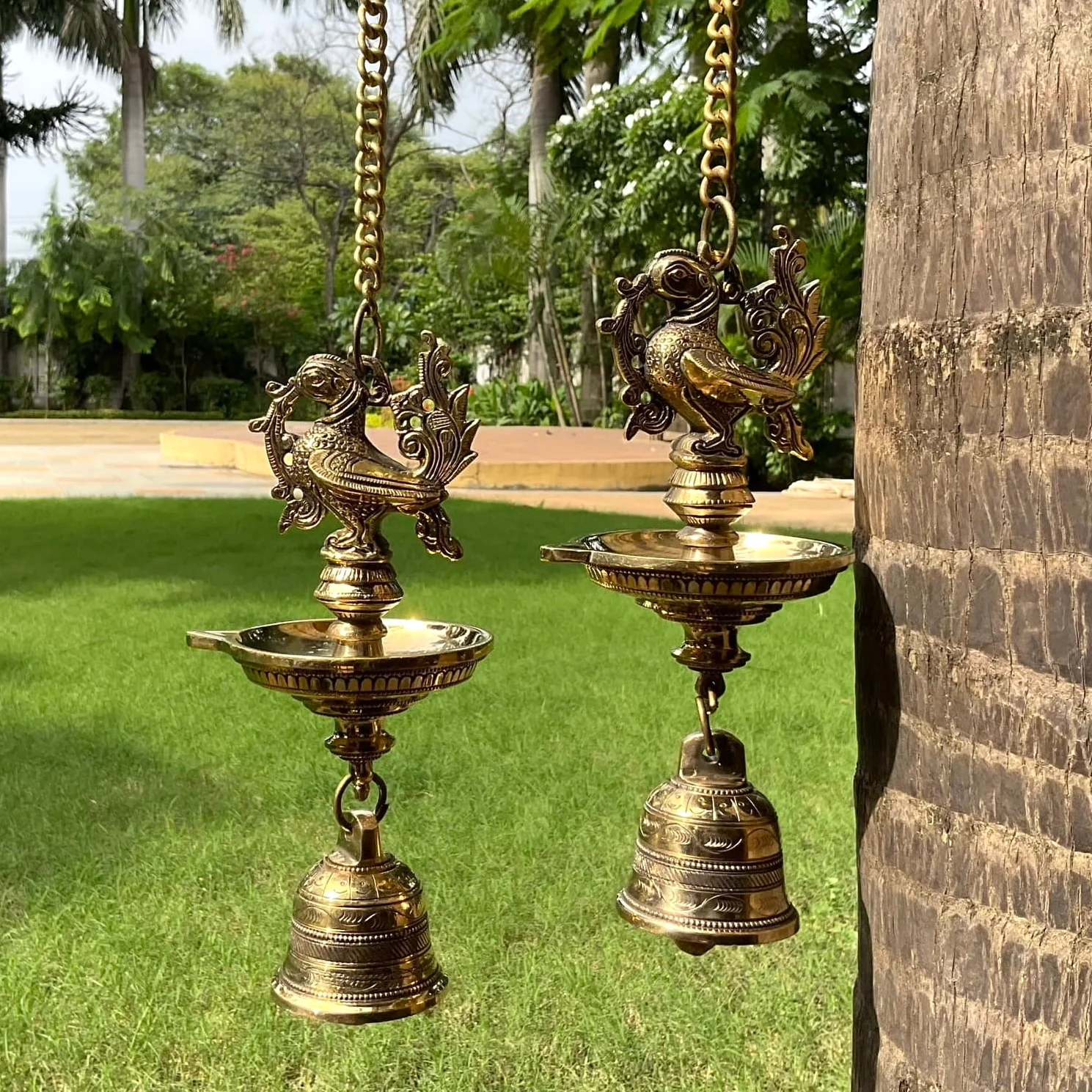 Annapakshi Hanging Diya Lamp With Bell Brass Festive Home Decor (Set of 2)