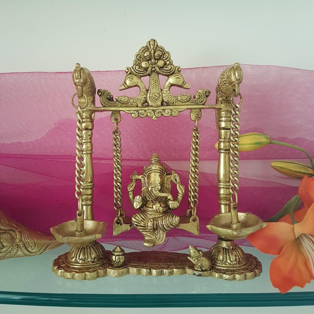 Lord Ganesh Swing Brass Idol - Diya Lamp - Traditional Home Decor