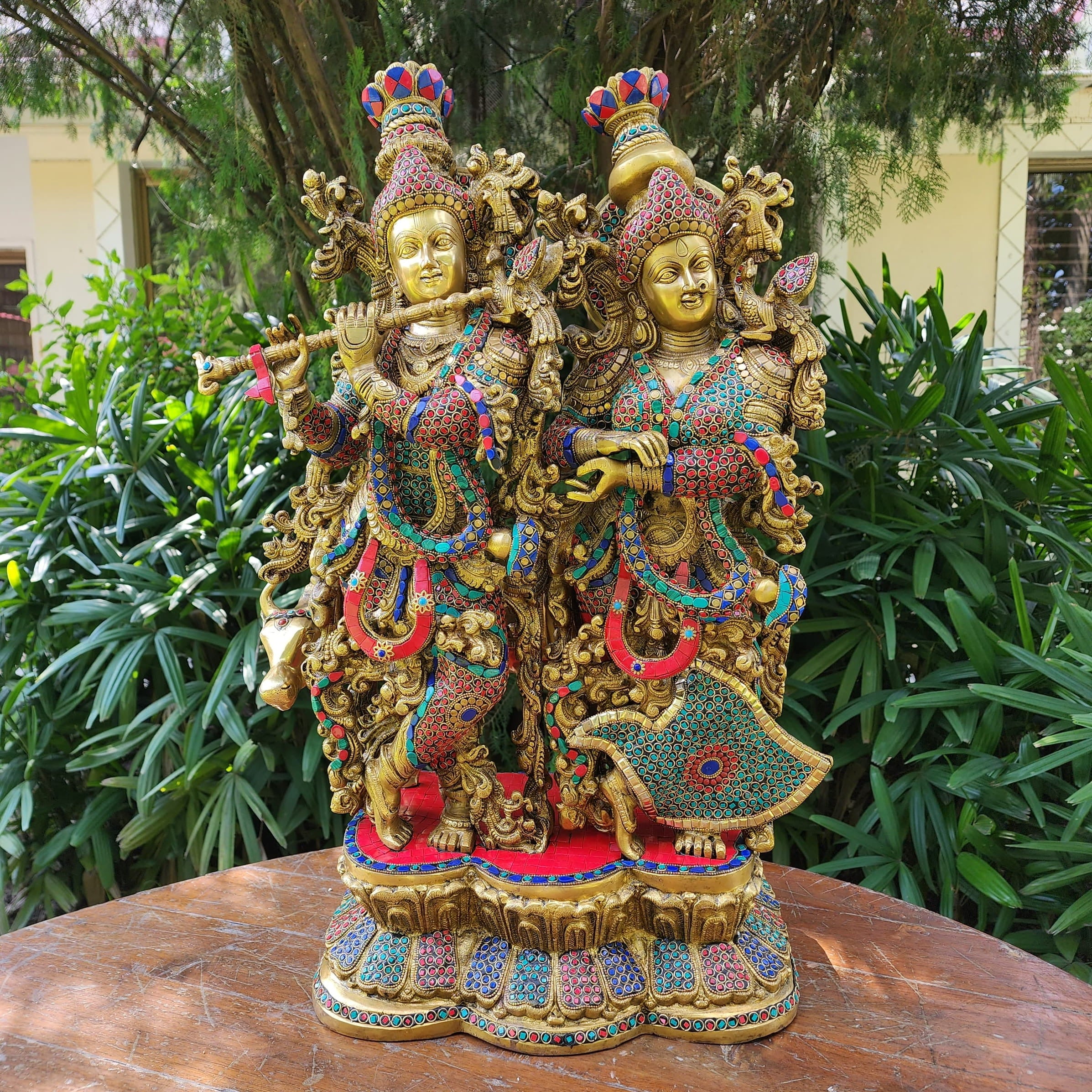 28 Inch Radha Krishna With Cow Brass Stonework Statue Idol