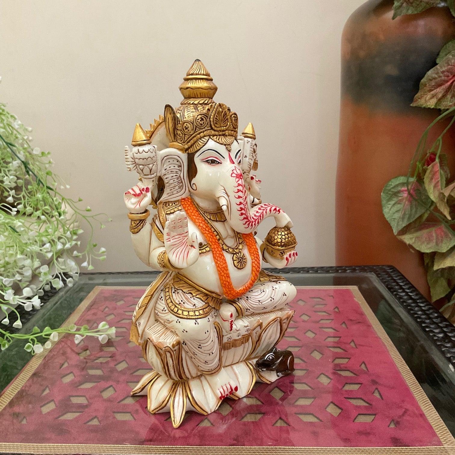9 Inches Ganesha Marble Dust & Resin Idol -  Decorative Figurine