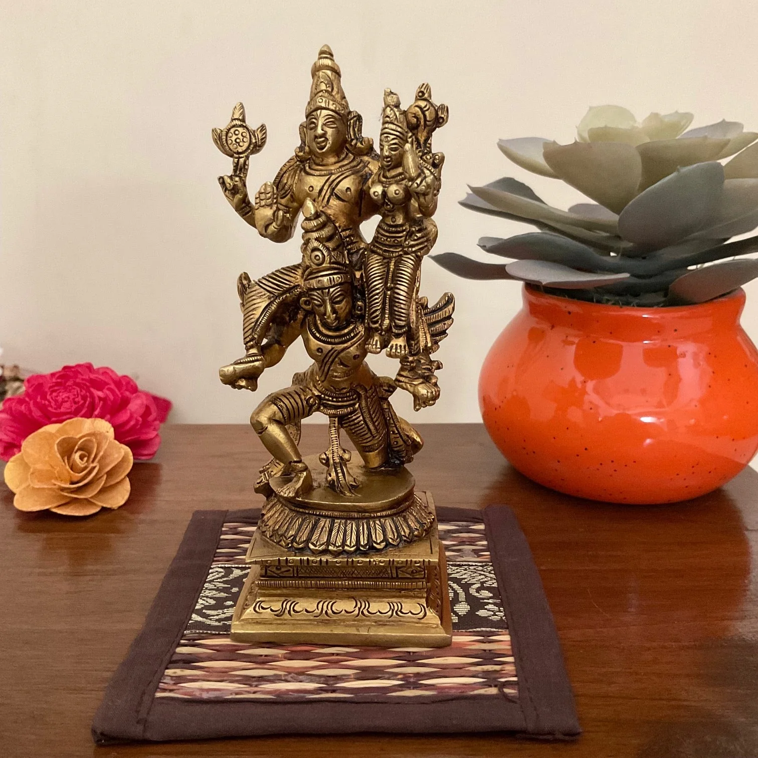 Garuda, Lord Vishnu, Devi Lakshmi Brass Idol - Decorative Figurine