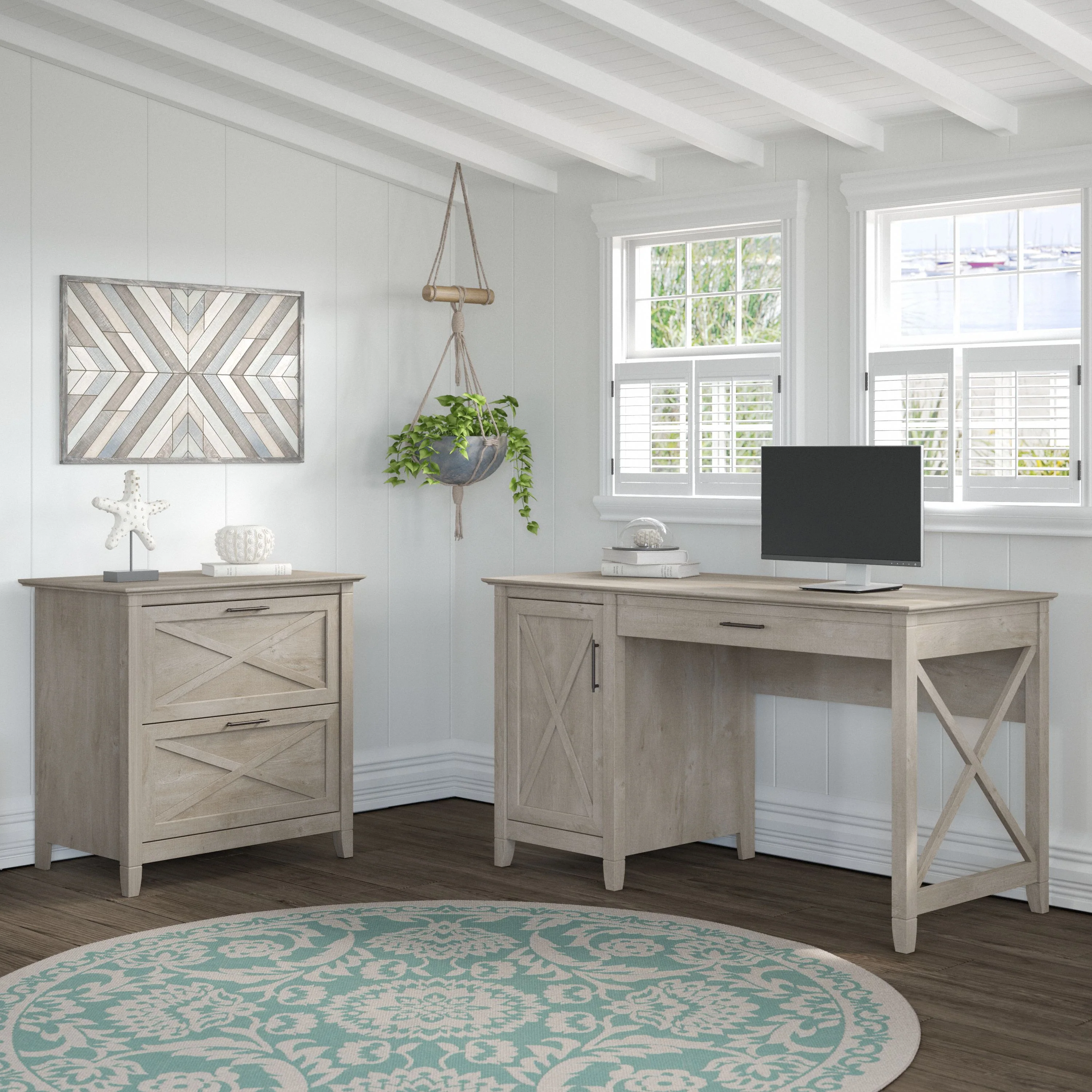 Key West 54W Computer Desk with Storage and 2 Drawer Lateral File Cabinet
