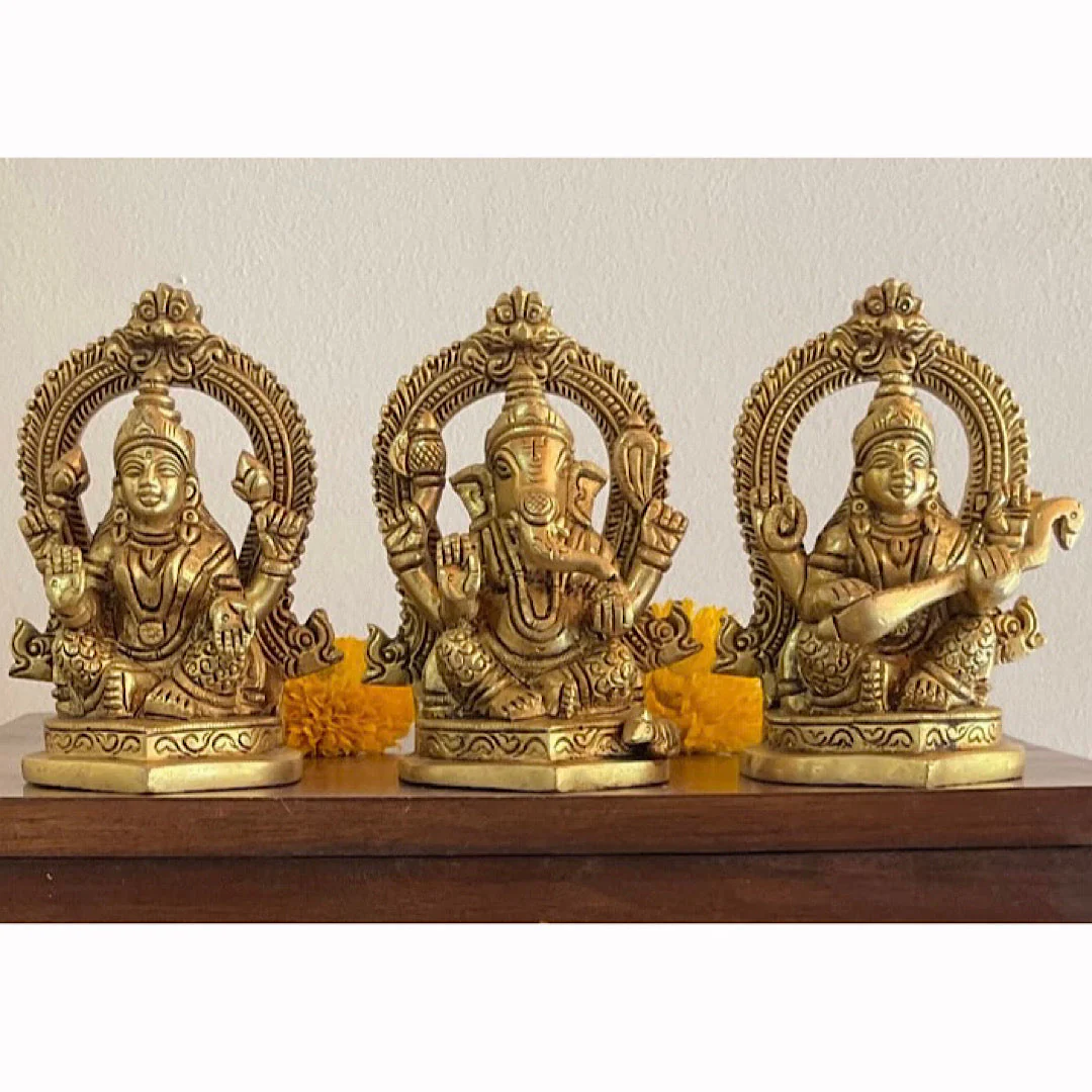 4.4 Inches Lakshmi Ganesh Saraswati Brass Idol  - Decorative Home Decor