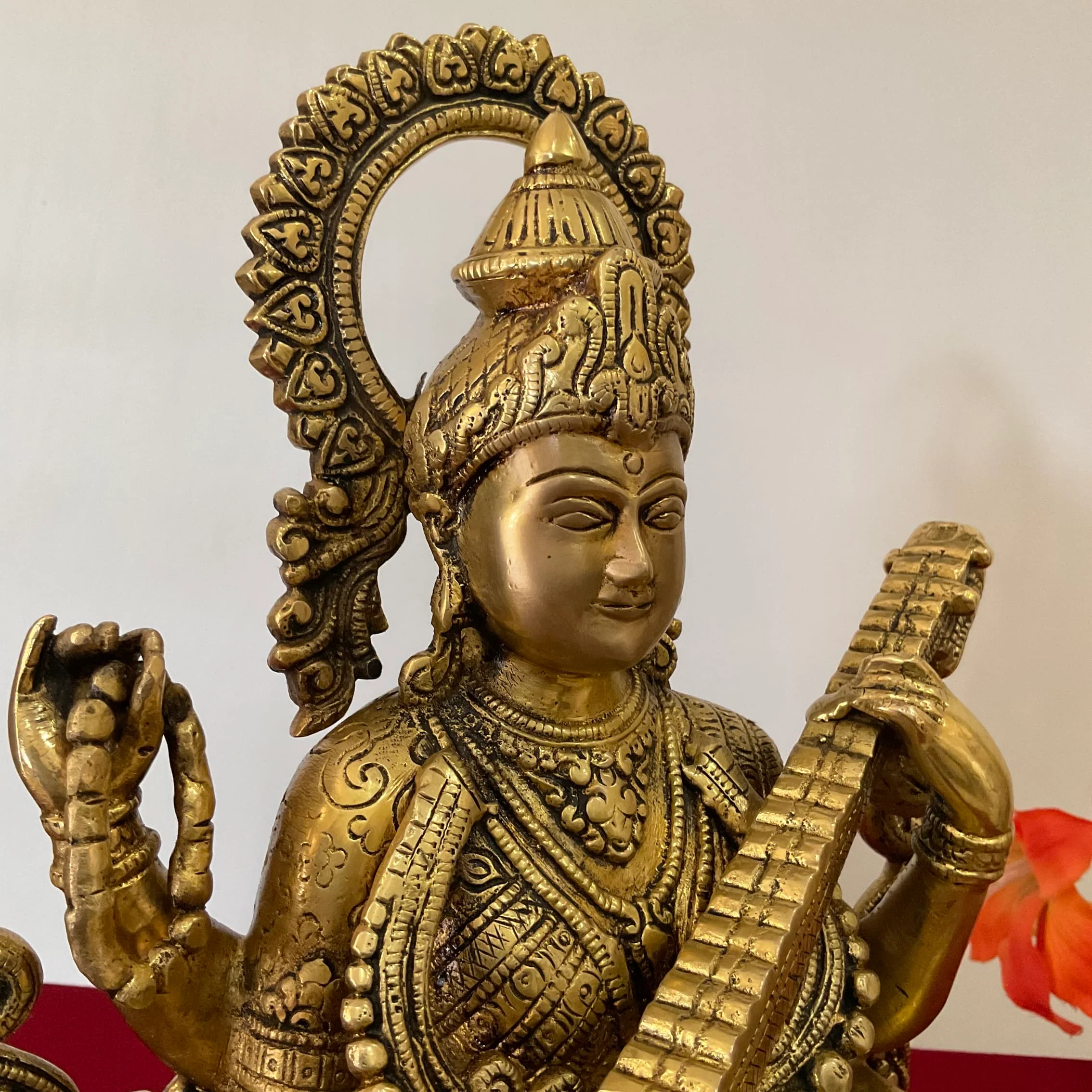 12 Inch Goddess Saraswati Brass Idol, Pooja Statue