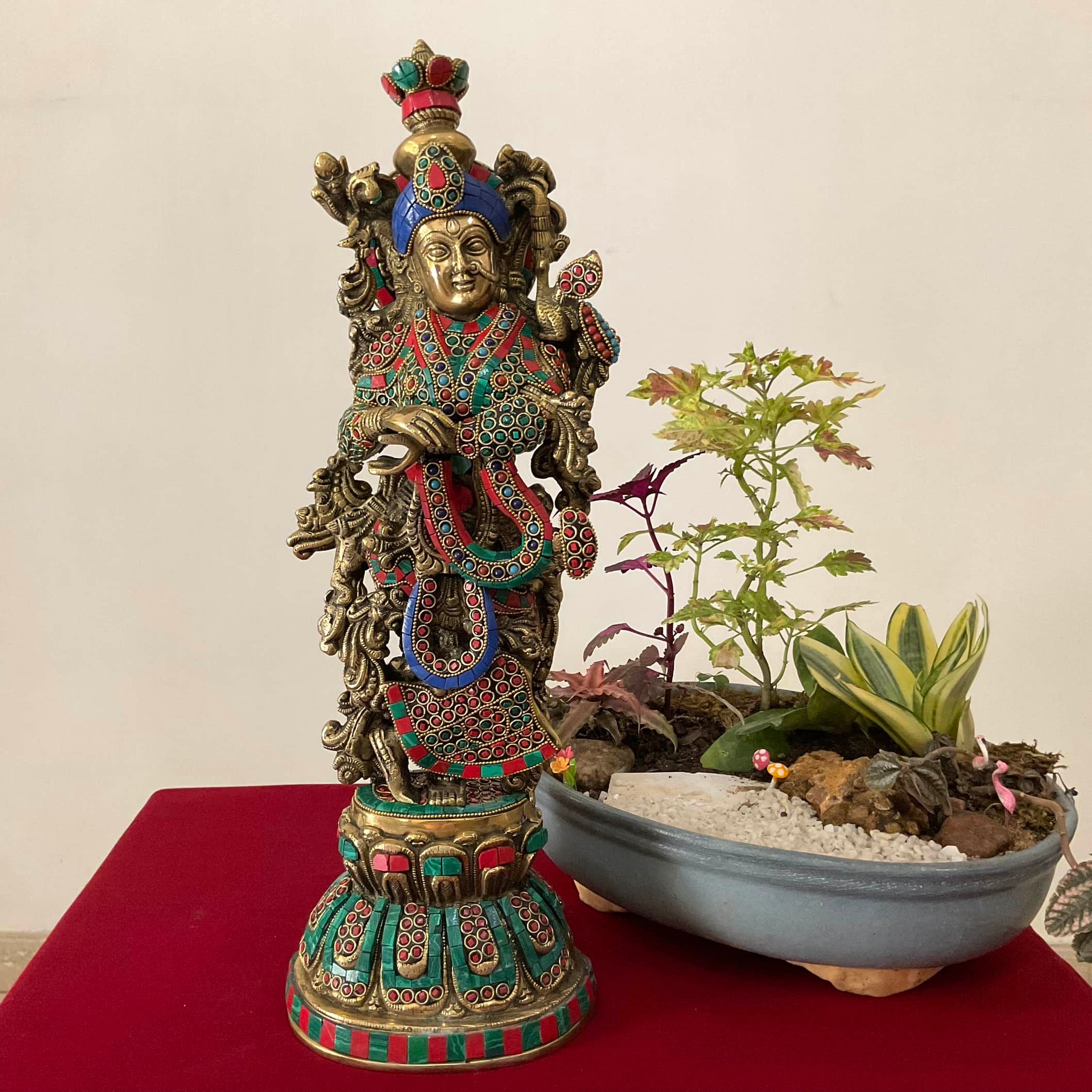 20 Inches Radha Krishna Idol Brass Stonework, God of Love, Decorative Statue Figurines