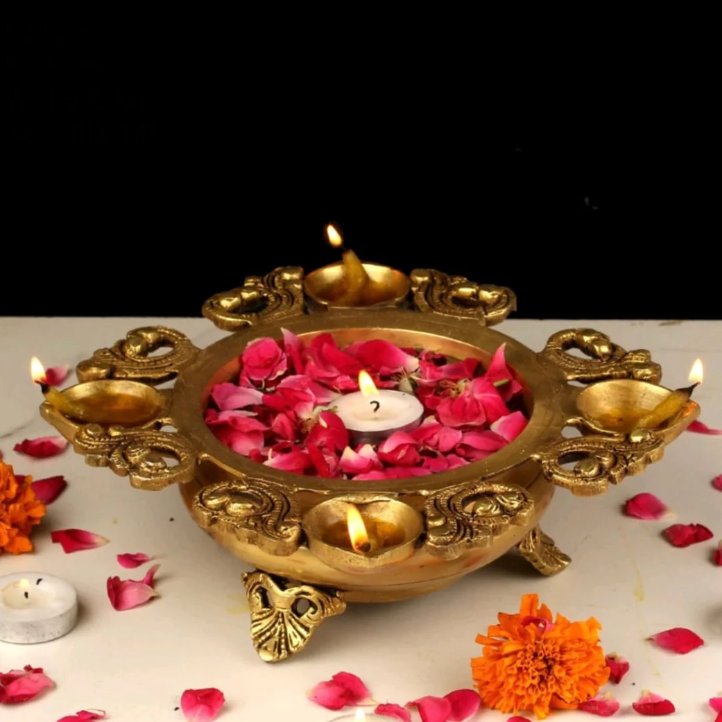 Brass Urli With Diya - Urli Bowl For Flower Lamp Decor