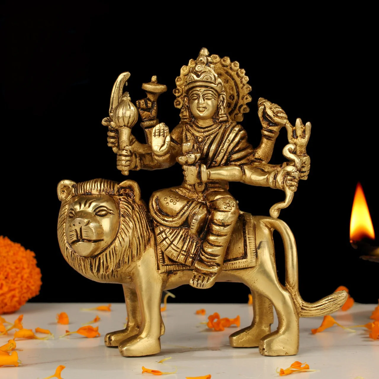 5 Inches Ma Durga Brass Idol -  Hindu God Statue - Decorative Murti