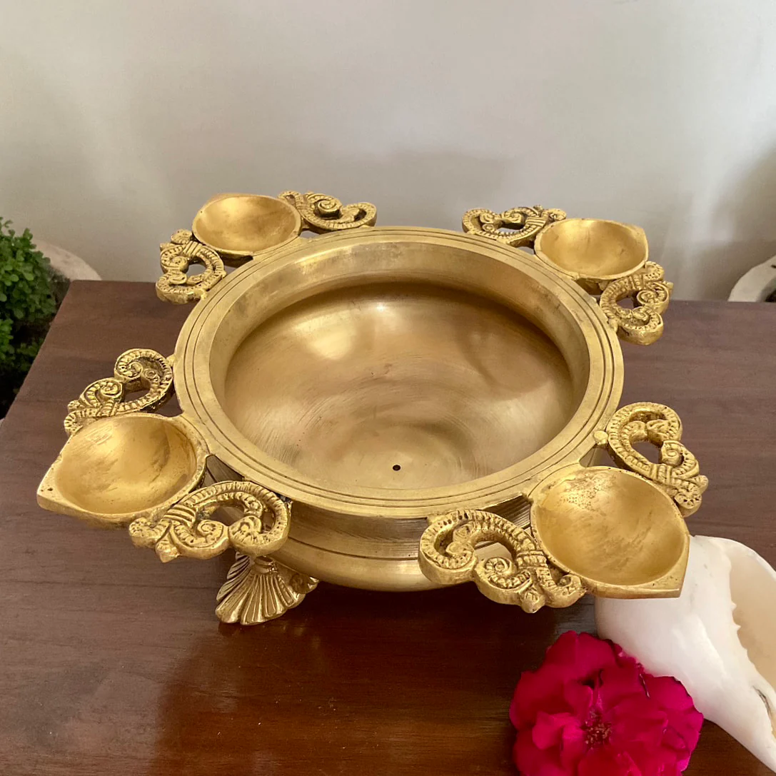 Brass Urli With Diya - Urli Bowl For Flower Lamp Decor