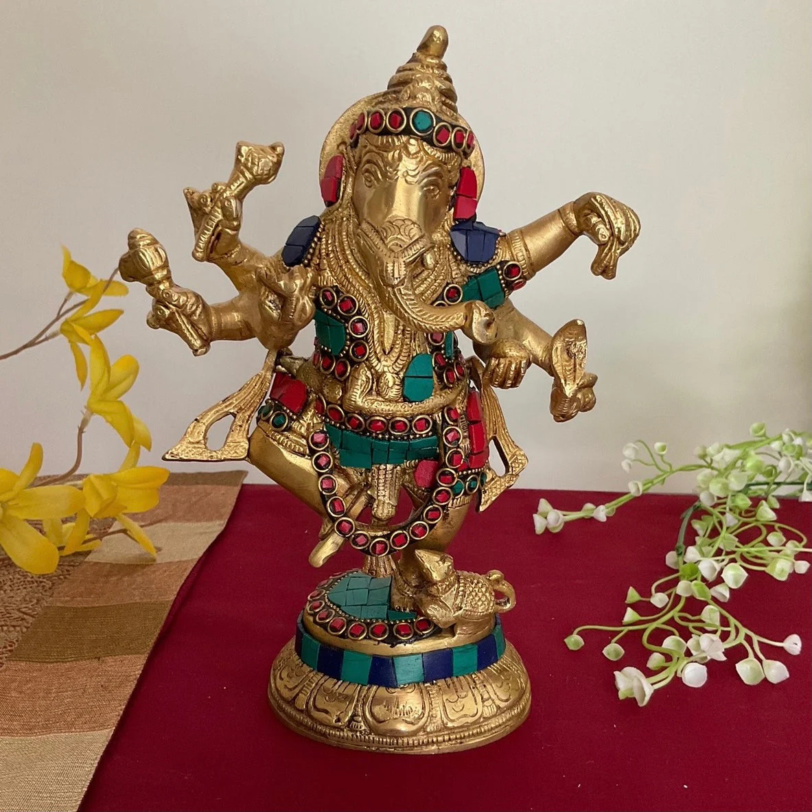 Dancing Lord Ganesh Brass Idol - handcrafted turquoise Inlay - Decorative Figurine