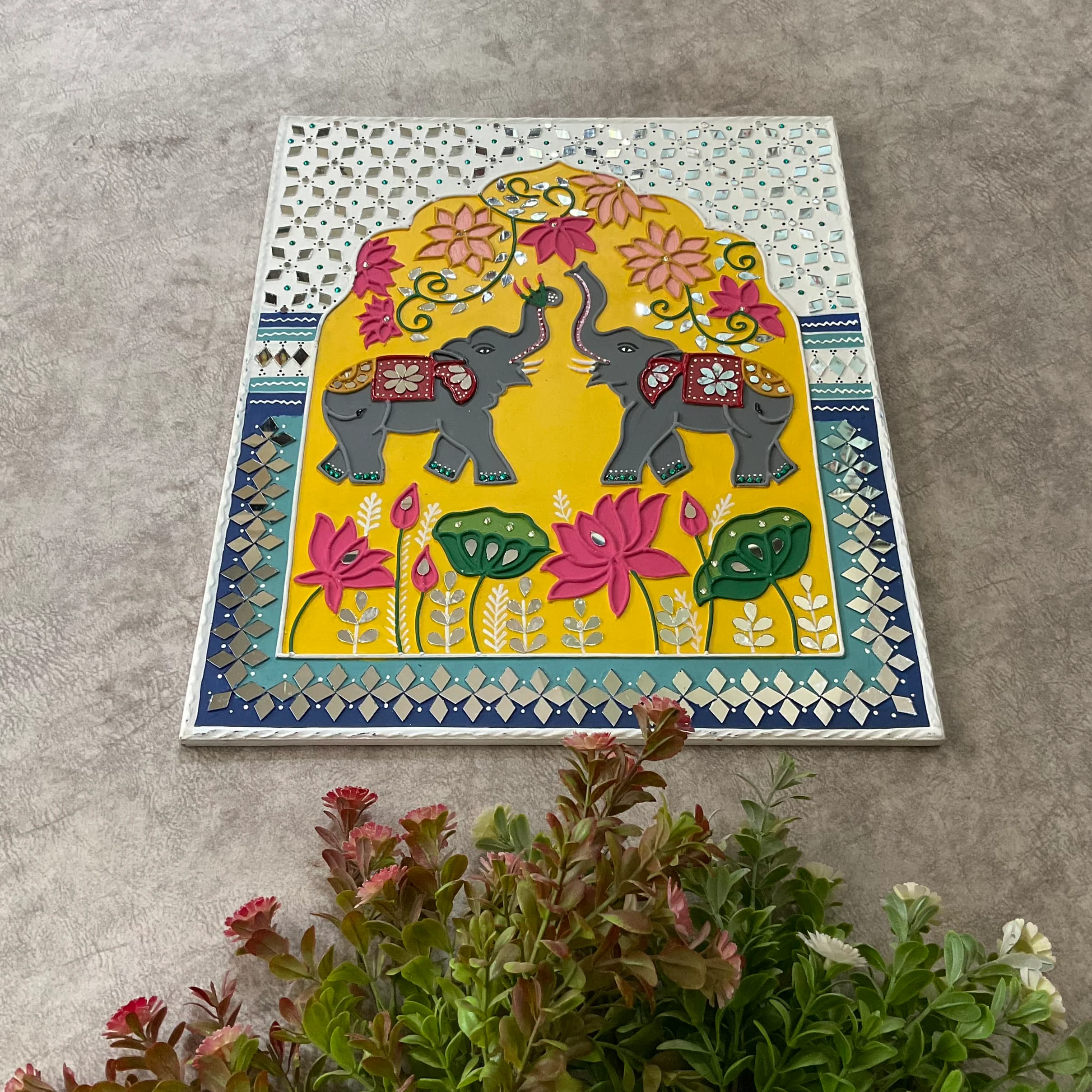 18 Inch Lotus Elephant Lippan Wall Hanging - Clay Mirror Wall Decor