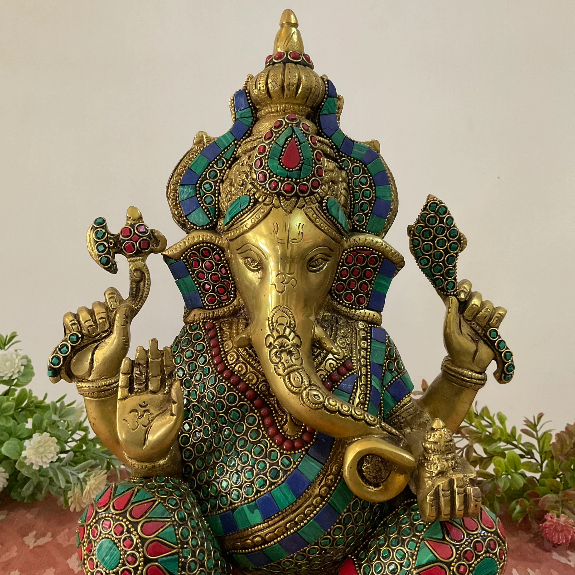 15 Inch Brass Ganesh Idol With Stonework - Ganpati Statue for Home Pooja, Housewarming Gift