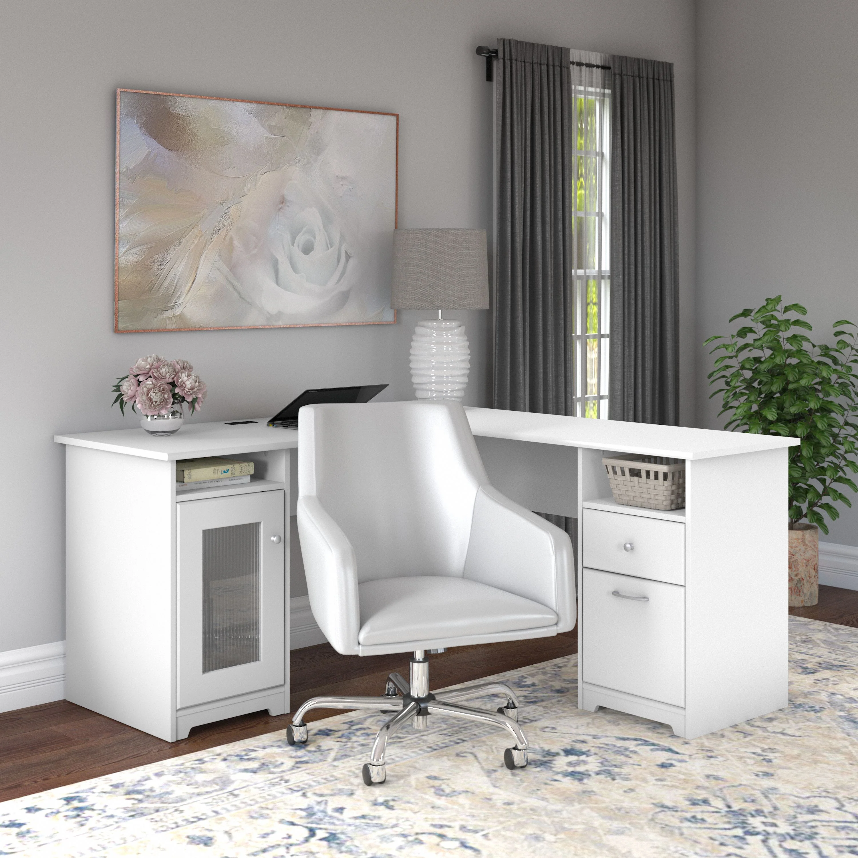 Cabot 60W L Shaped Computer Desk with Mid Back Leather Box Chair