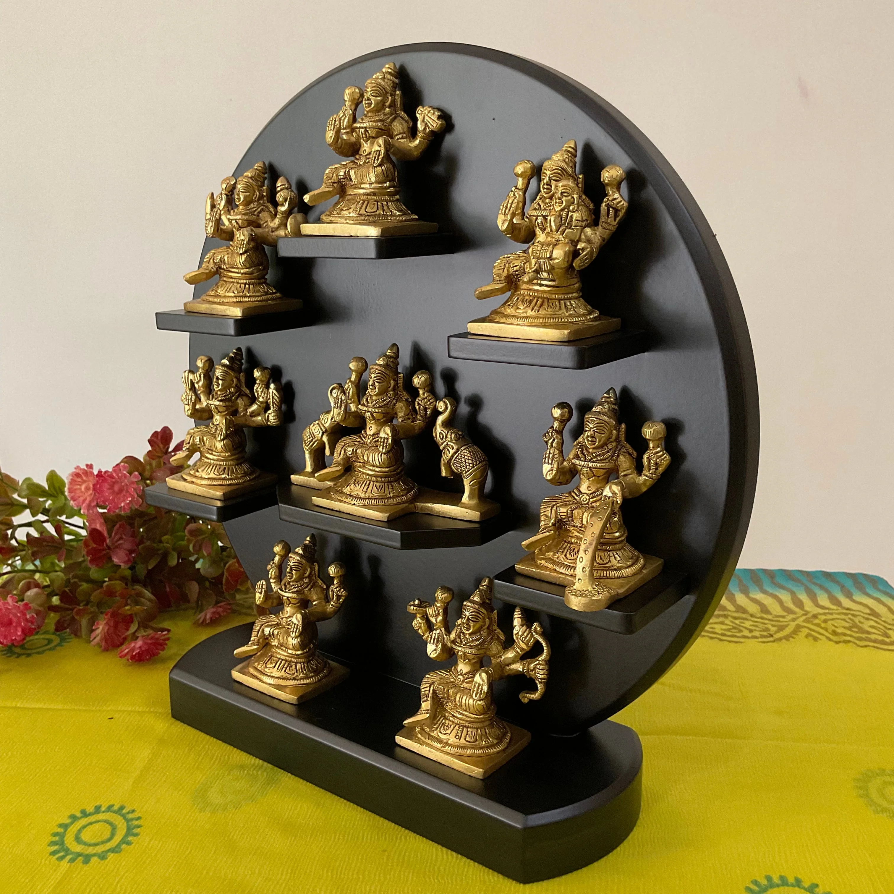 2.5 Inches Ashtalakshmi Brass Idol With 12 Inches Wooden Shelf