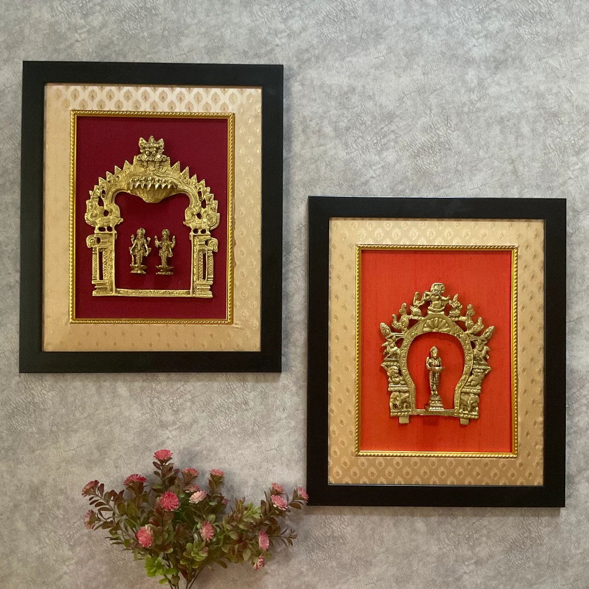 Framed Brass Prabhavali (Set of 2) - Lakshmi Vishnu And Deep Lakshmi - Ethnic Wall Decor