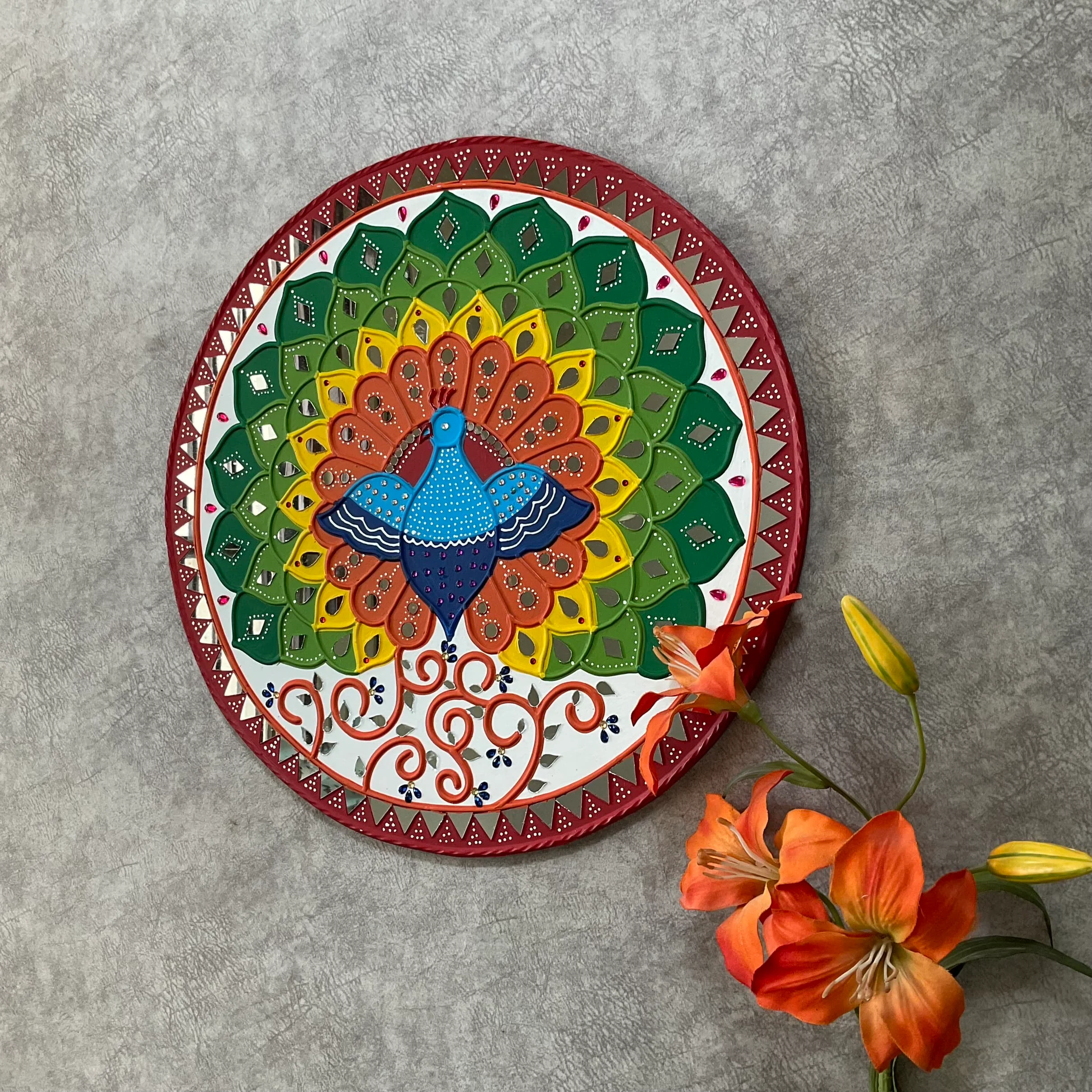 18 Inches Peacock Lippan Art Wall Hanging - Clay Mirror Wall Decor