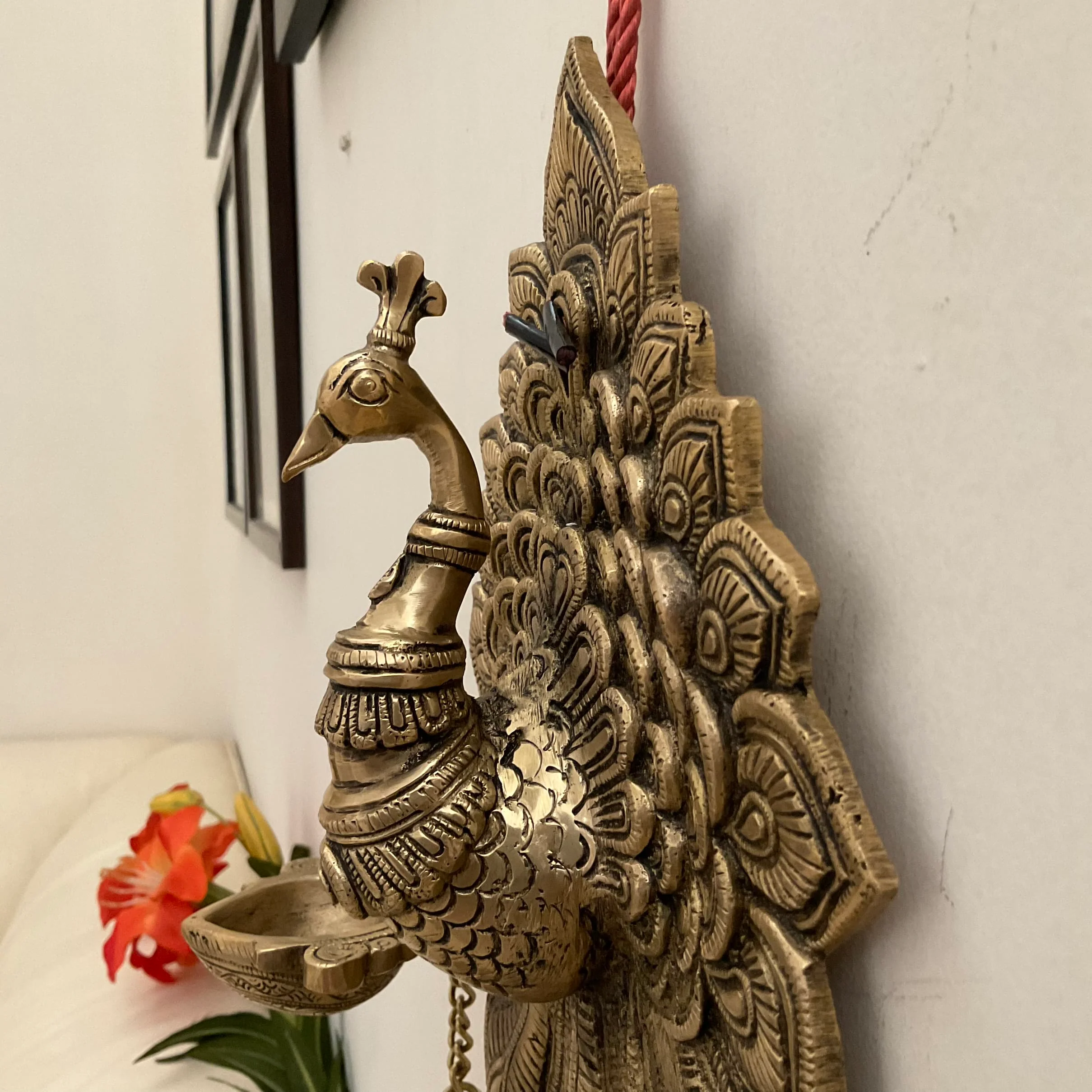 17.5 Inch Peacock Wall Hanging Diya Bell - Brass Decor