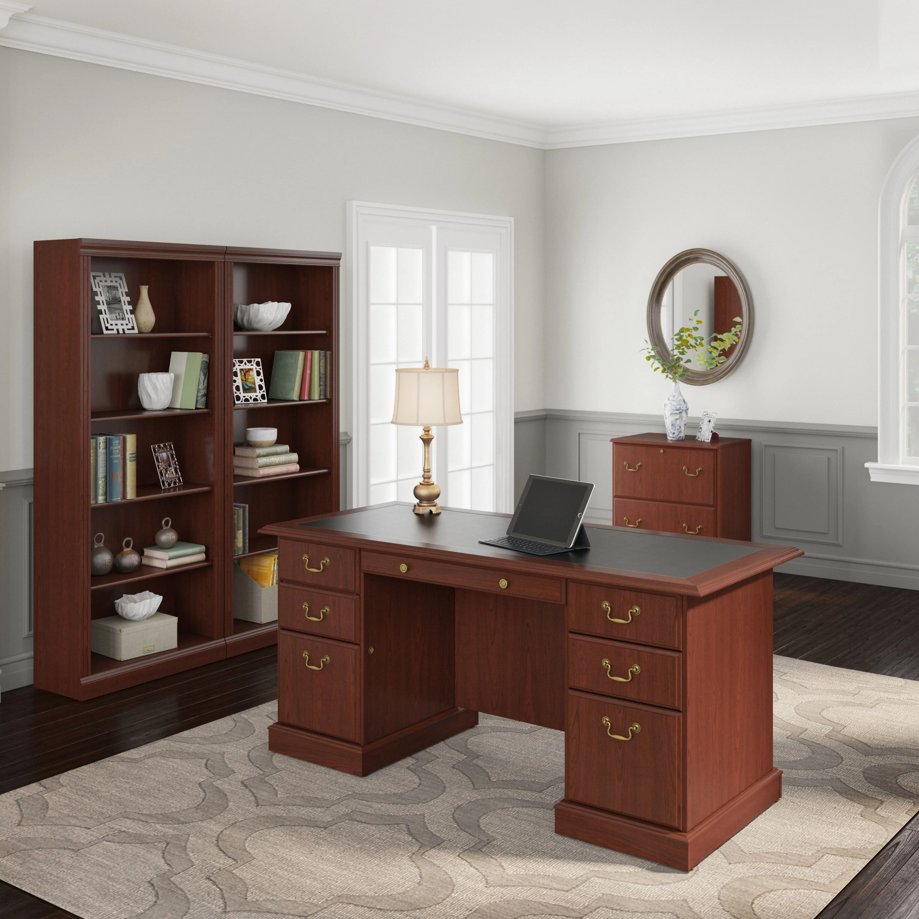 Saratoga Executive Desk with File Cabinet and Bookcase Set